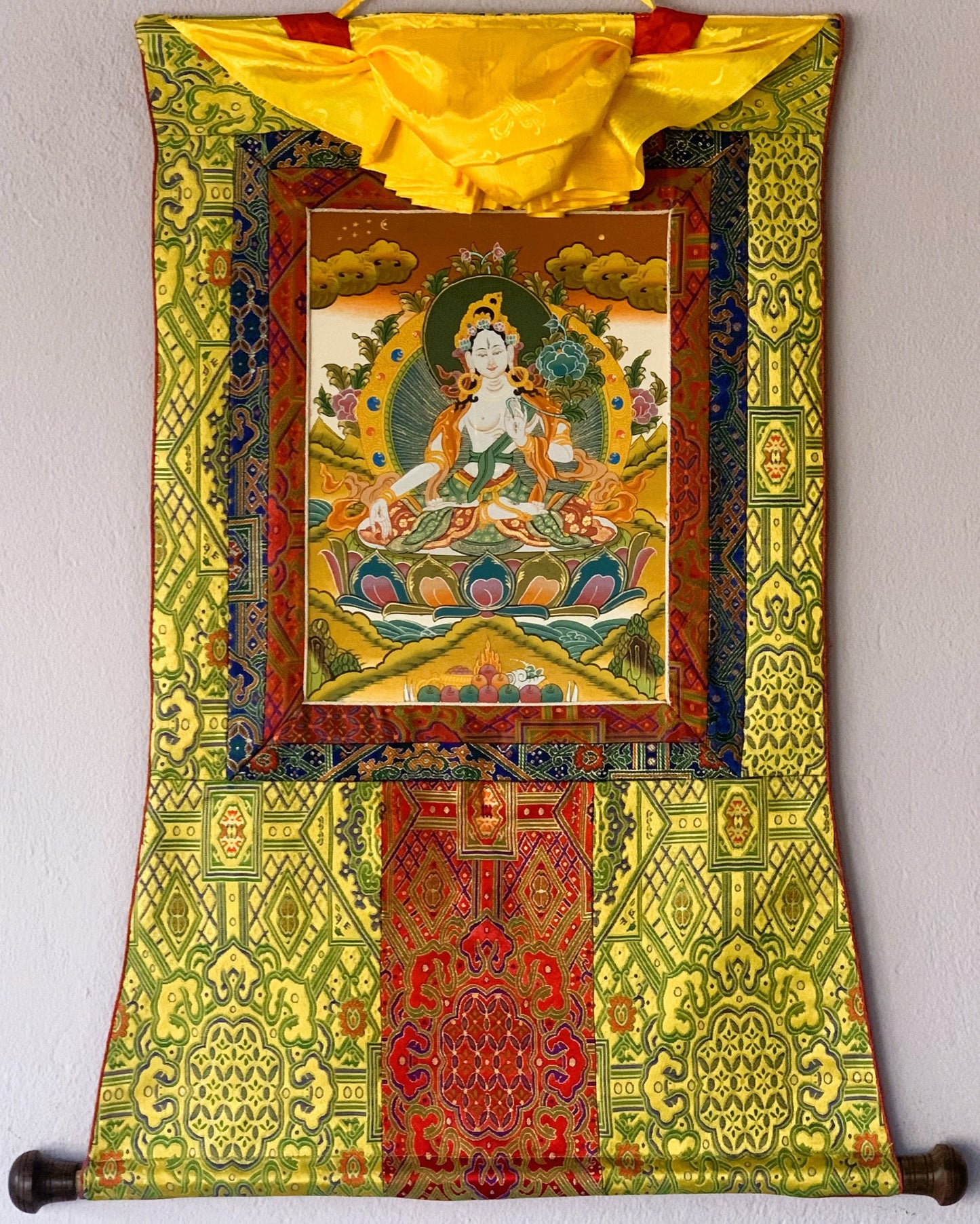 White Tara Sitatara Goddess of Compassion Tibetan Thangka Painting, Original Art with Silk Brocade