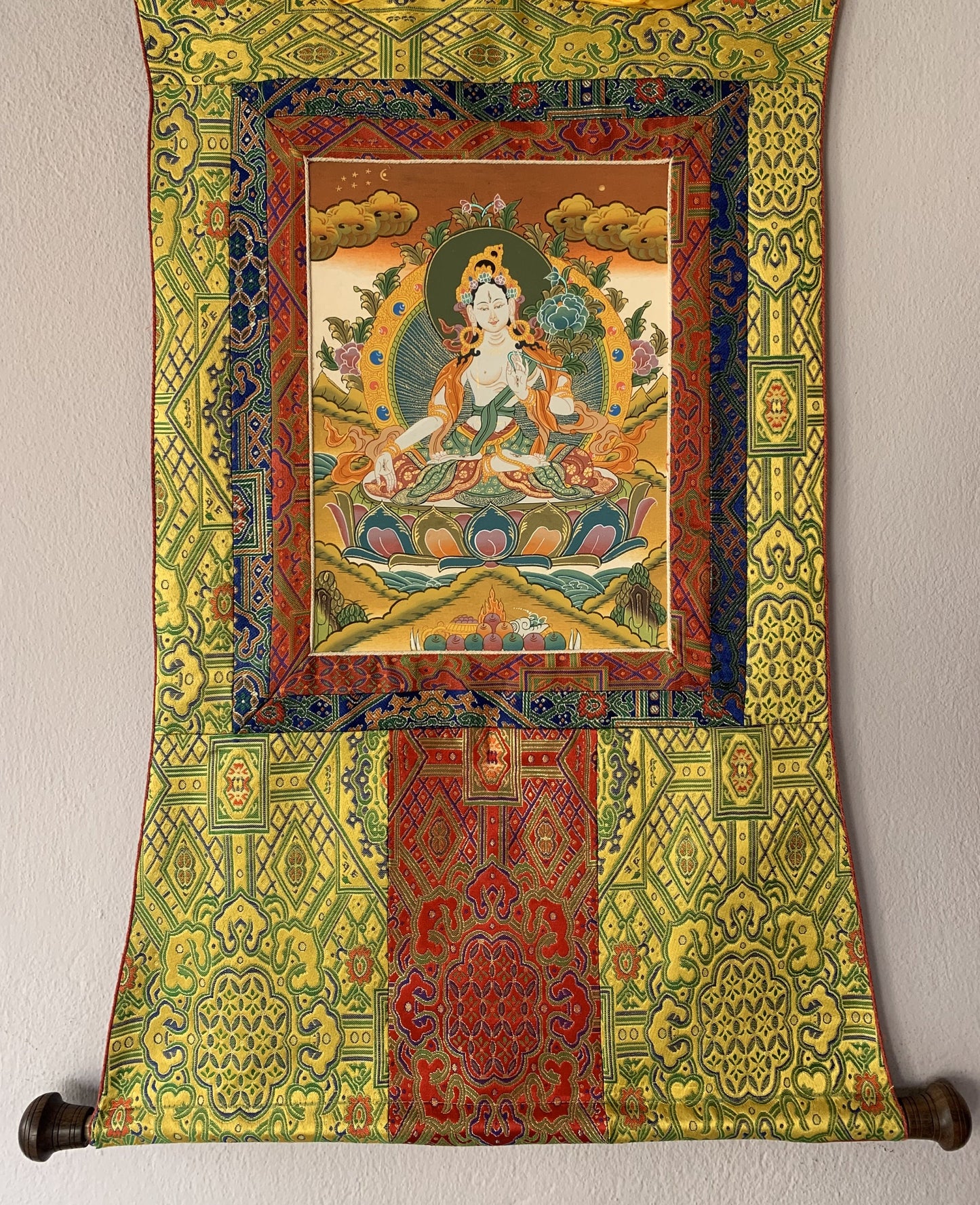 White Tara Sitatara Goddess of Compassion Tibetan Thangka Painting, Original Art with Silk Brocade