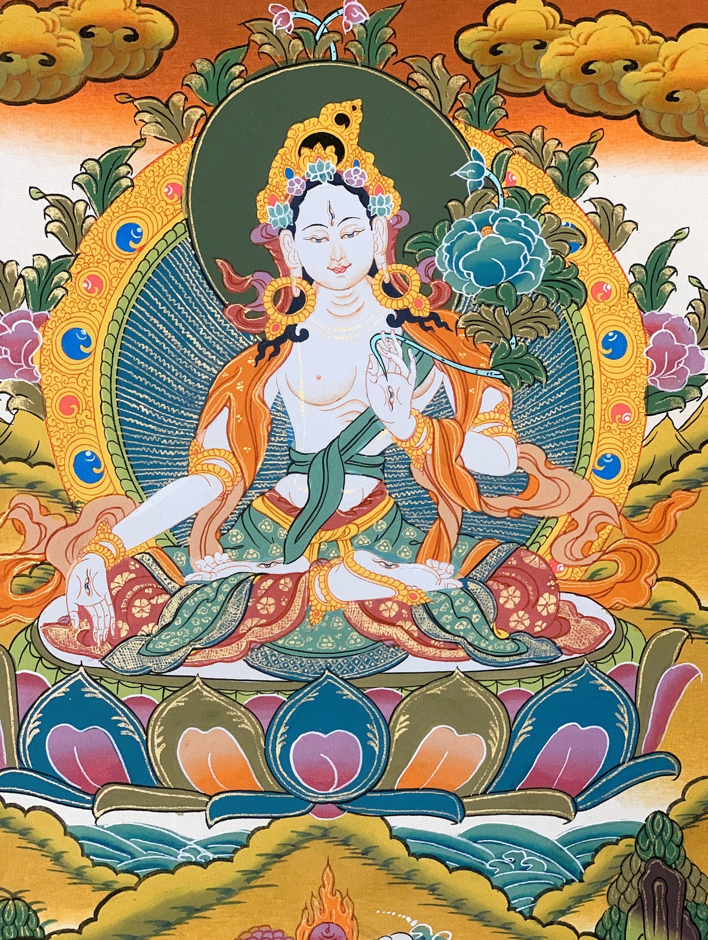 White Tara Sitatara Goddess of Compassion Master Quality Tibetan Thangka Painting, Original Art with Silk Brocade