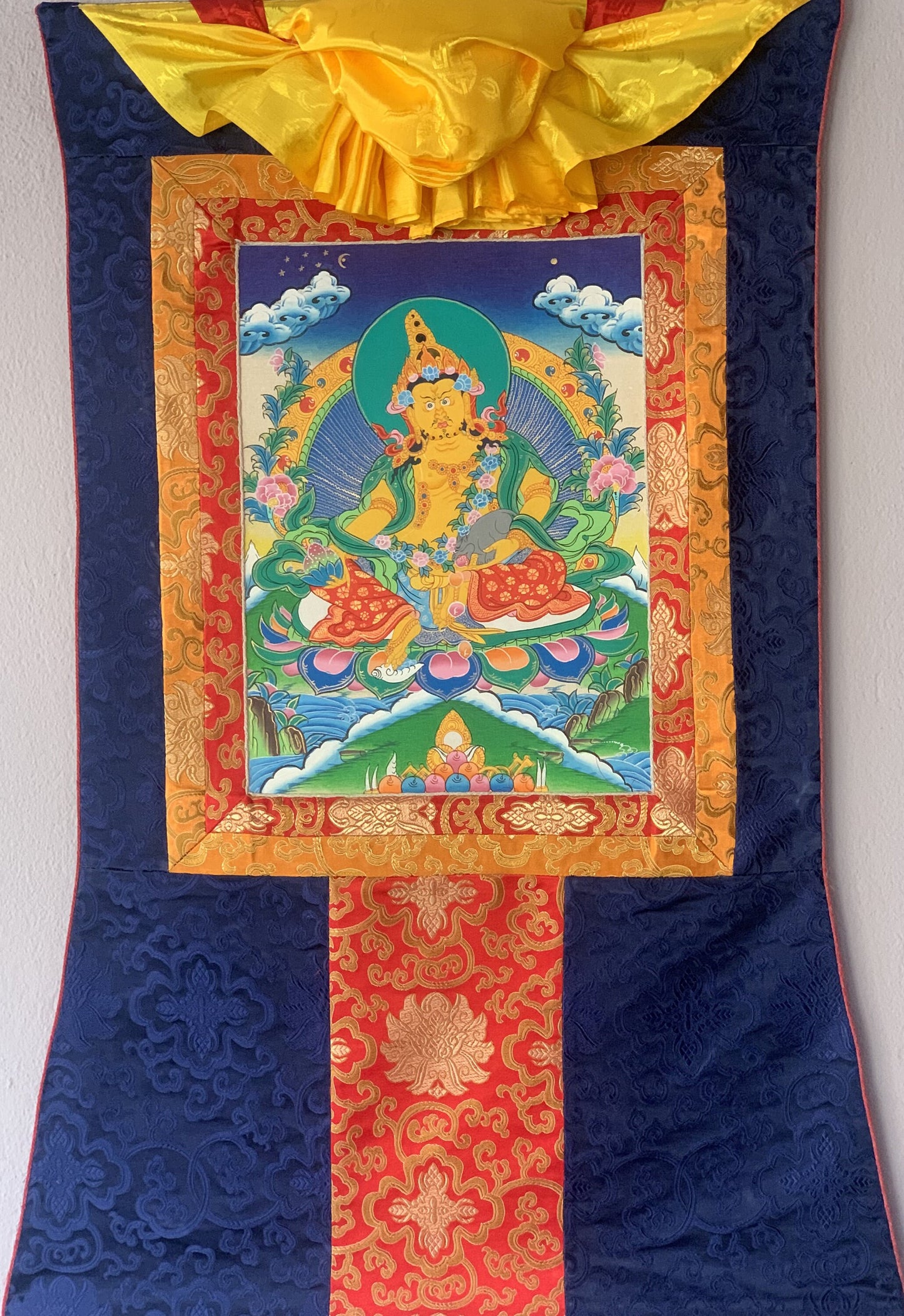 Jambala/ Jambhala/ Dzambala/ Zambala/ Kuber - Wealth Deity Tibetan Thangka Painting/ Original Hand-painted Art  with Silk Frame