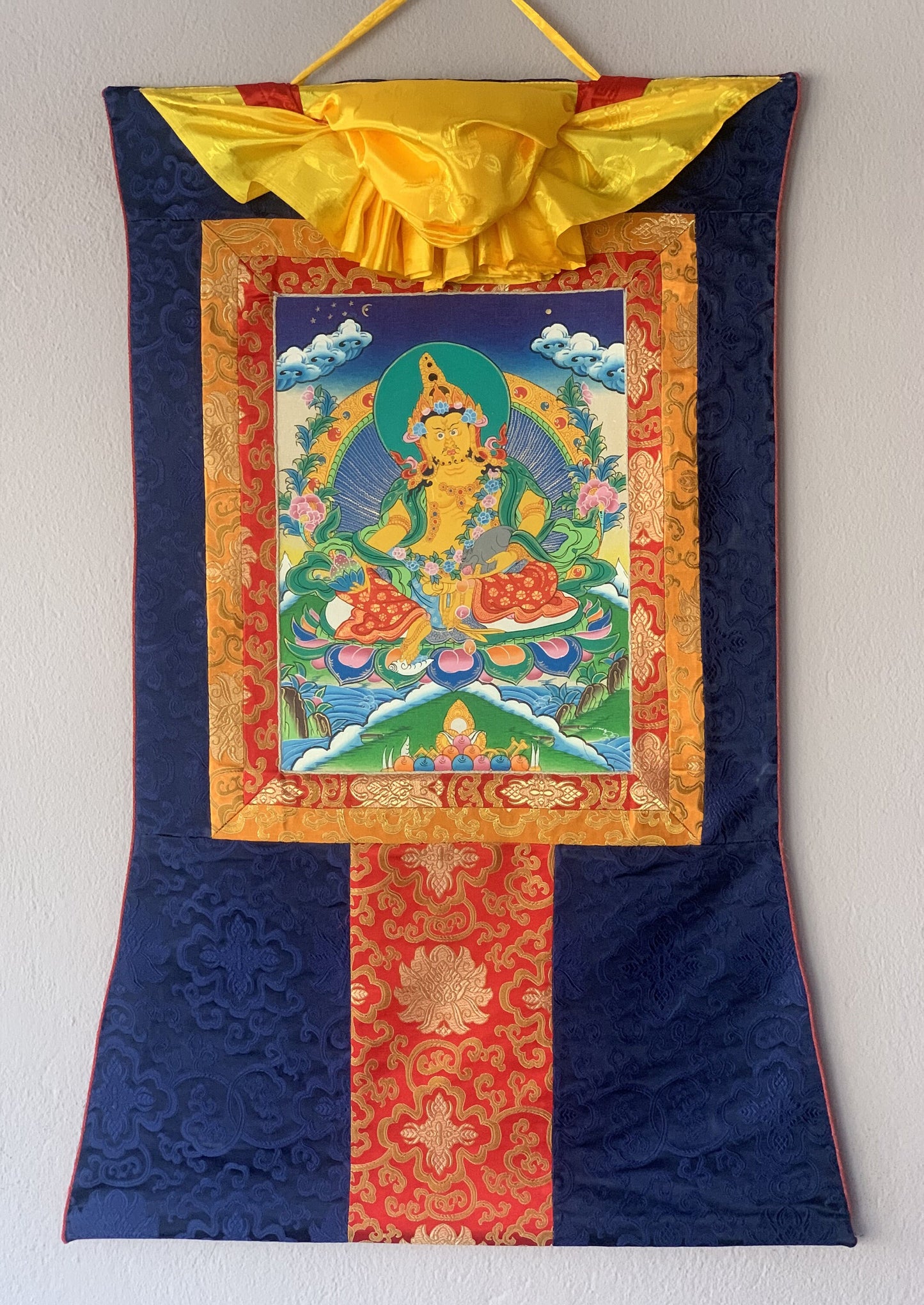 Jambala/ Jambhala/ Dzambala/ Zambala/ Kuber - Wealth Deity Tibetan Thangka Painting/ Original Hand-painted Art  with Silk Frame