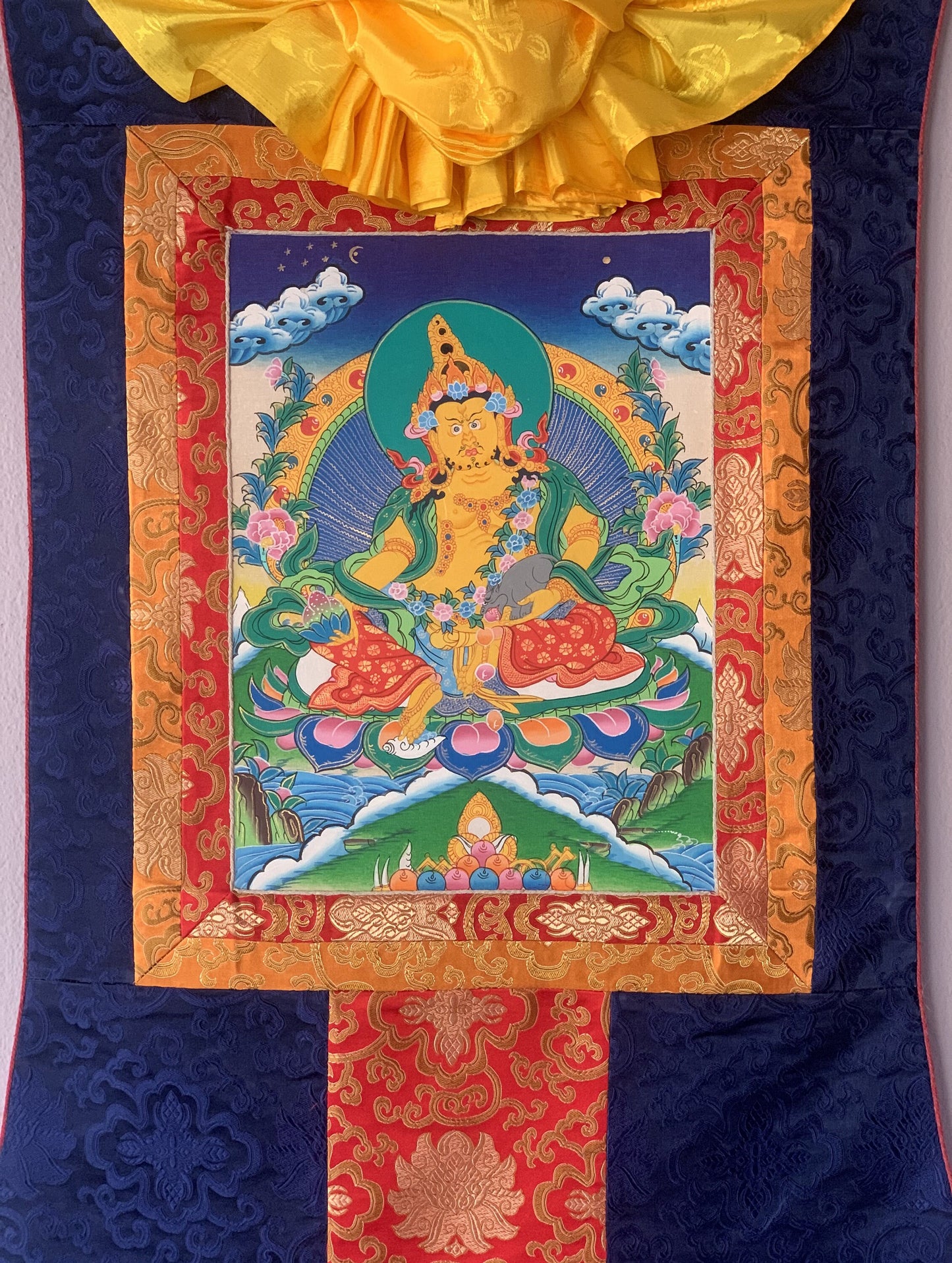 Jambala/ Jambhala/ Dzambala/ Zambala/ Kuber - Wealth Deity Tibetan Thangka Painting/ Original Hand-painted Art  with Silk Frame