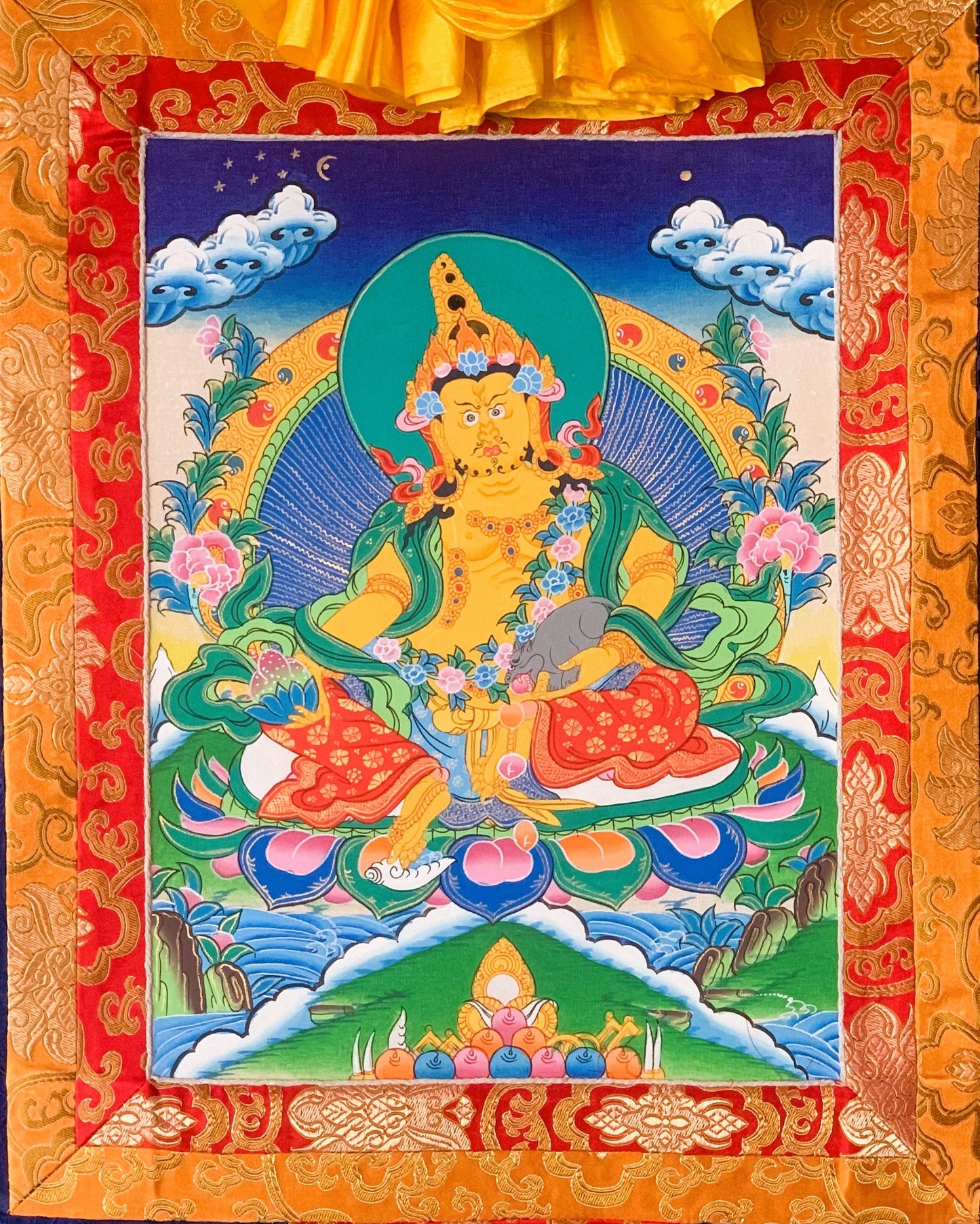 Jambala/ Jambhala/ Dzambala/ Zambala/ Kuber - Wealth Deity Tibetan Thangka Painting/ Original Hand-painted Art  with Silk Frame