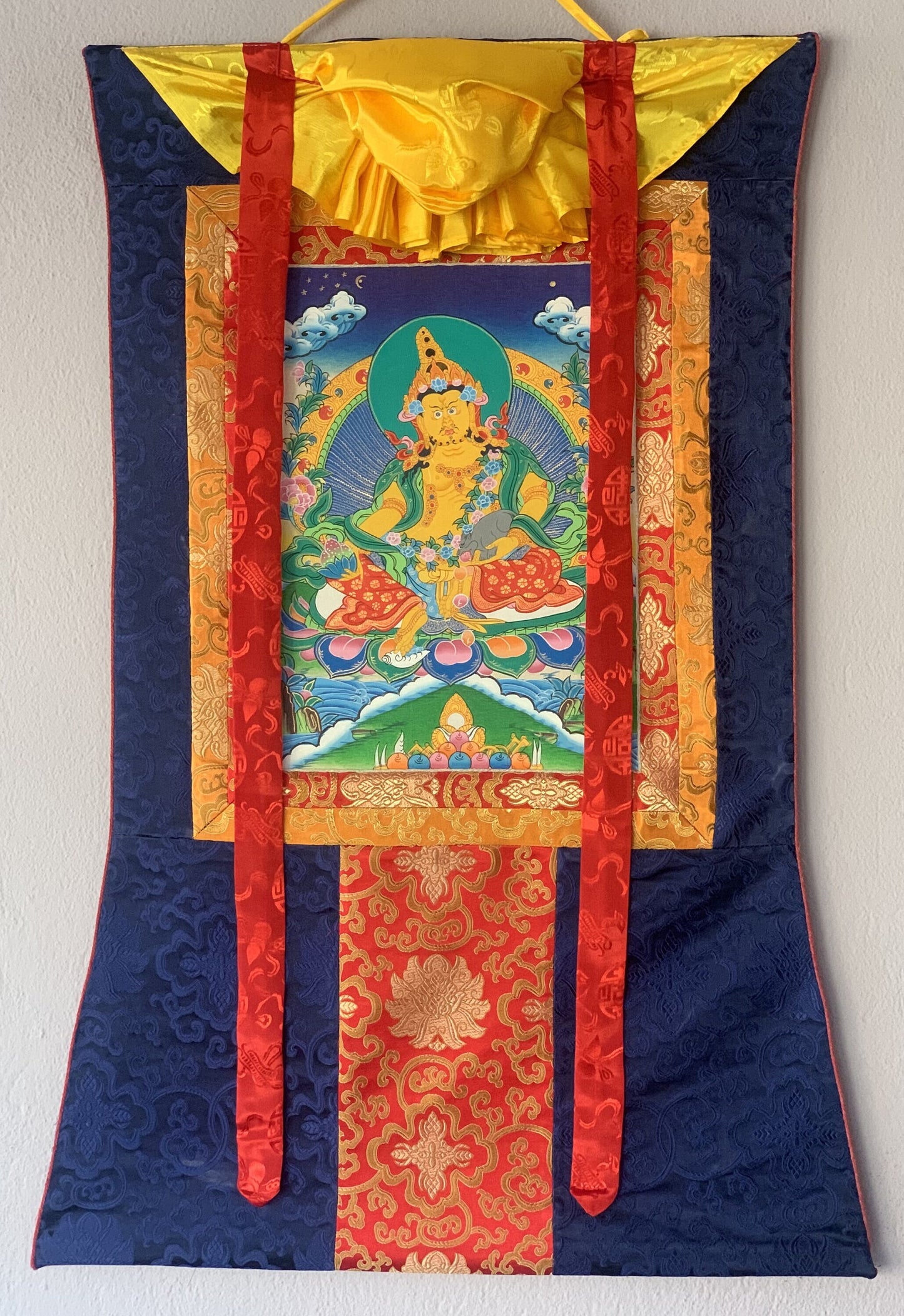 Jambala/ Jambhala/ Dzambala/ Zambala/ Kuber - Wealth Deity Tibetan Thangka Painting/ Original Hand-painted Art  with Silk Frame