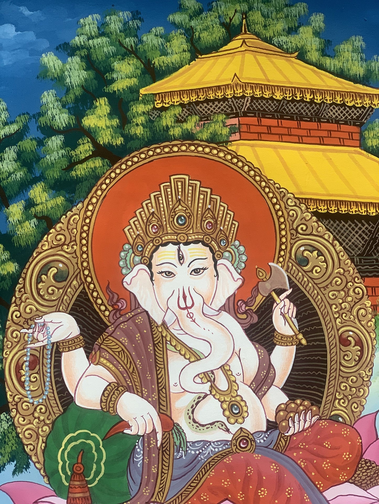 Lord Ganesha Ganesh Ganapati Vinayaka Master Quality Newari Paubha/Pauva Thangka Painting Original Hand Painted Art from Nepal