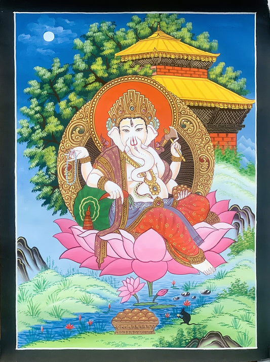 Lord Ganesha Ganesh Ganapati Vinayaka Master Quality Newari Paubha/Pauva Thangka Painting Original Hand Painted Art from Nepal