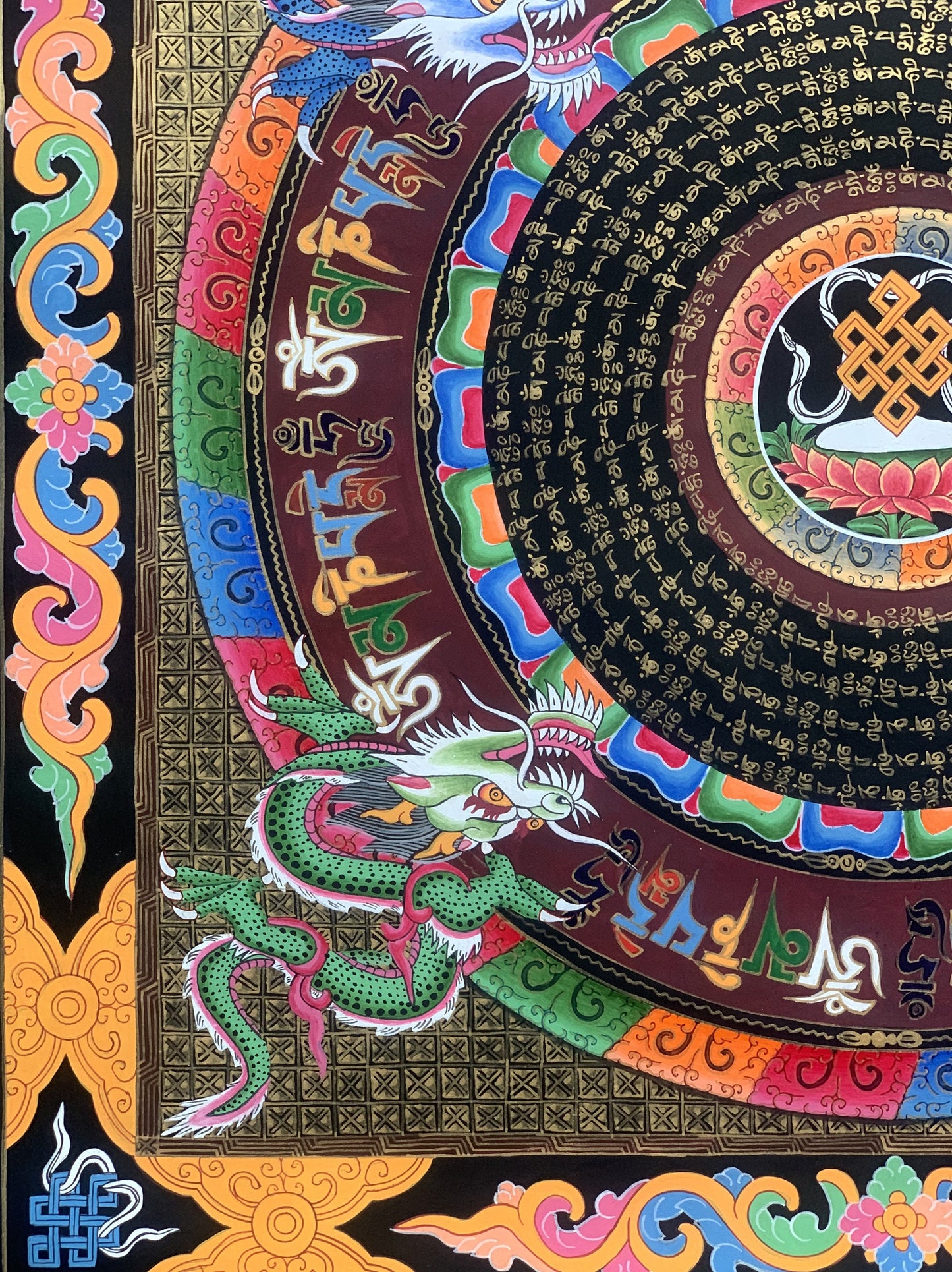 Astamangala  Dragon and Om Mantra Mandala Tibetan Thangka Painting Original Meditation Art