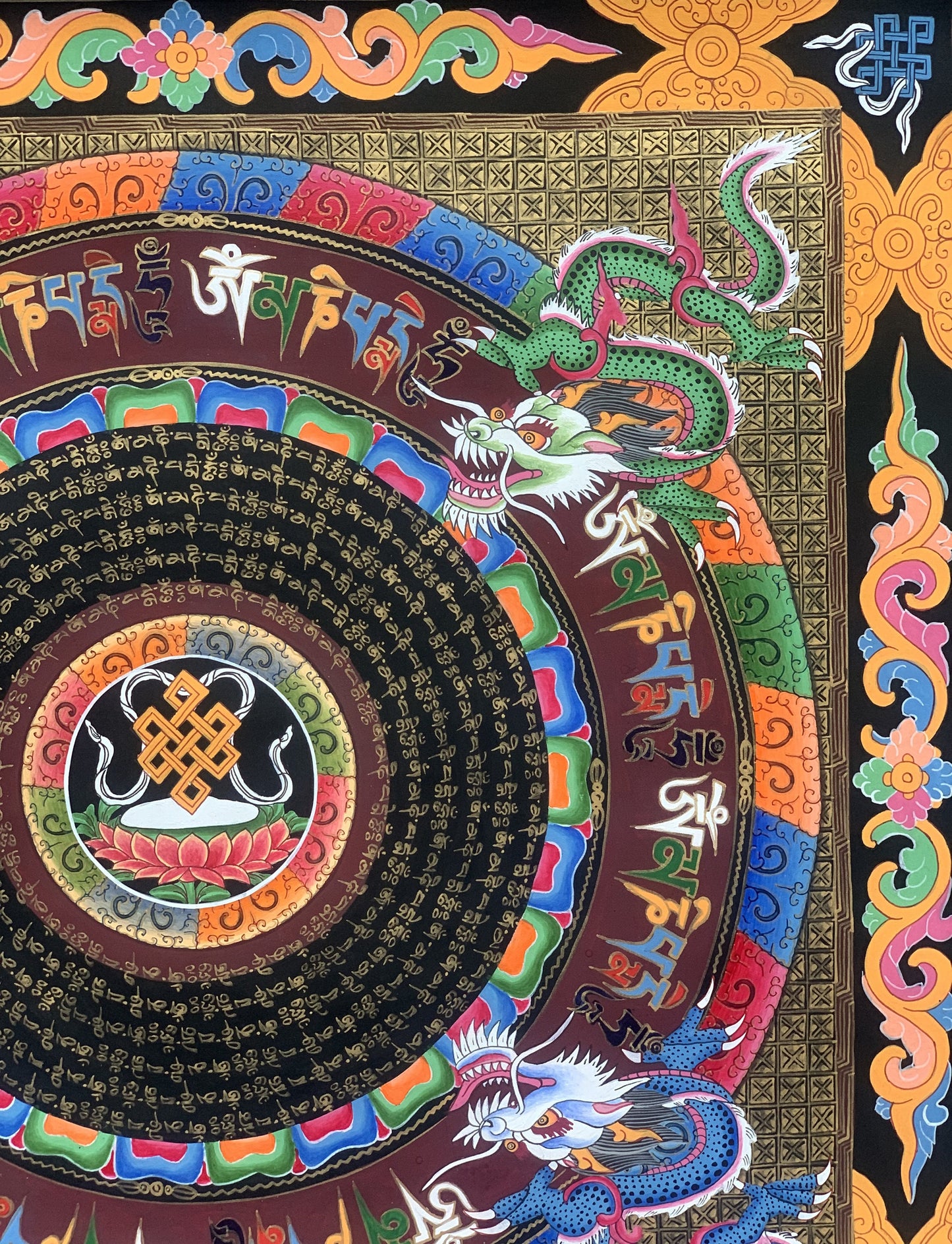 Astamangala  Dragon and Om Mantra Mandala Tibetan Thangka Painting Original Meditation Art