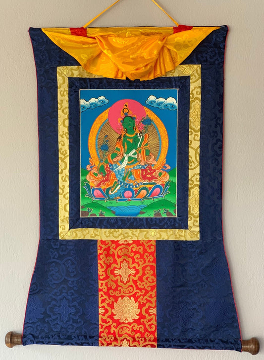 Green Tara/ Shyamatara/ Divine Mother Tibetan Thangka Painting, Original Art with Silk Brocade