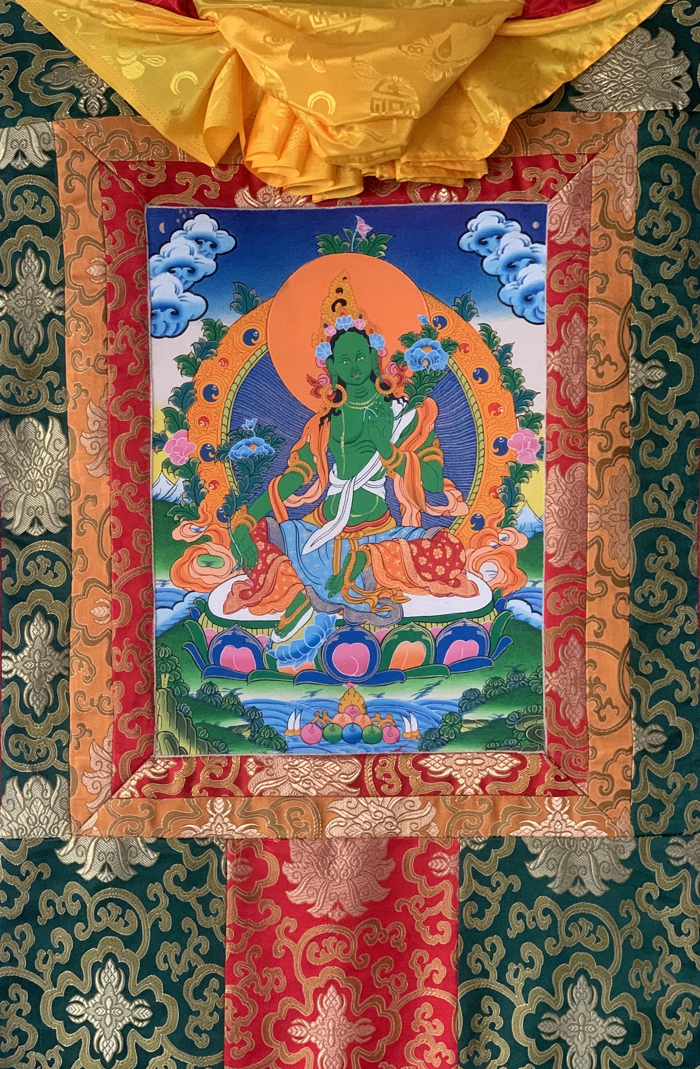 Green Tara/ Shyamatara Mother Goddess Tibetan Thangka Original Hand Painting with Silk Brocade