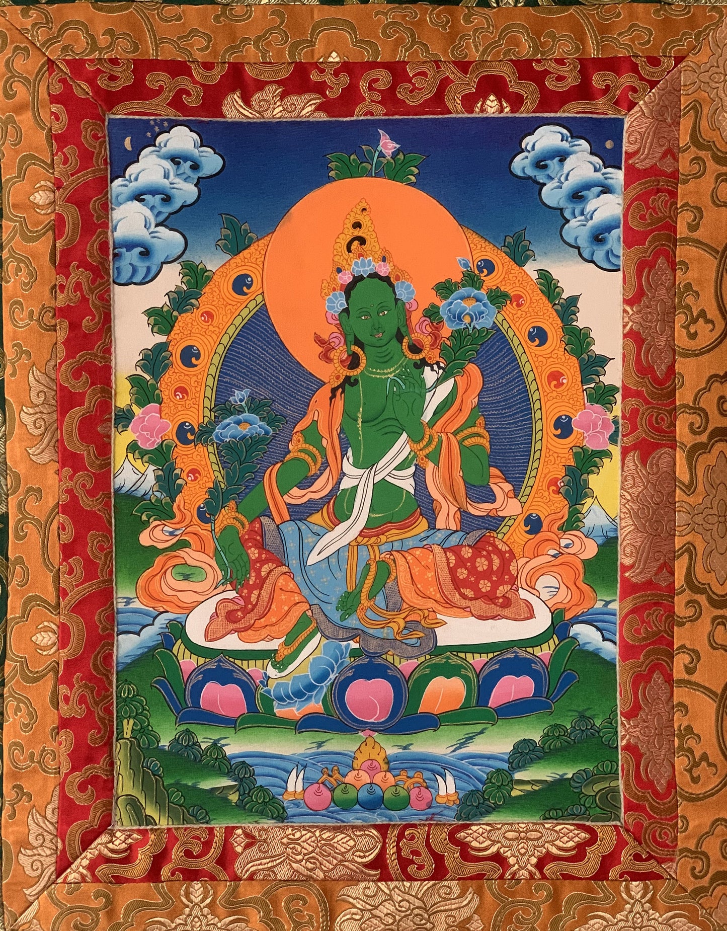 Green Tara/ Shyamatara Mother Goddess Tibetan Thangka Original Hand Painting with Silk Brocade