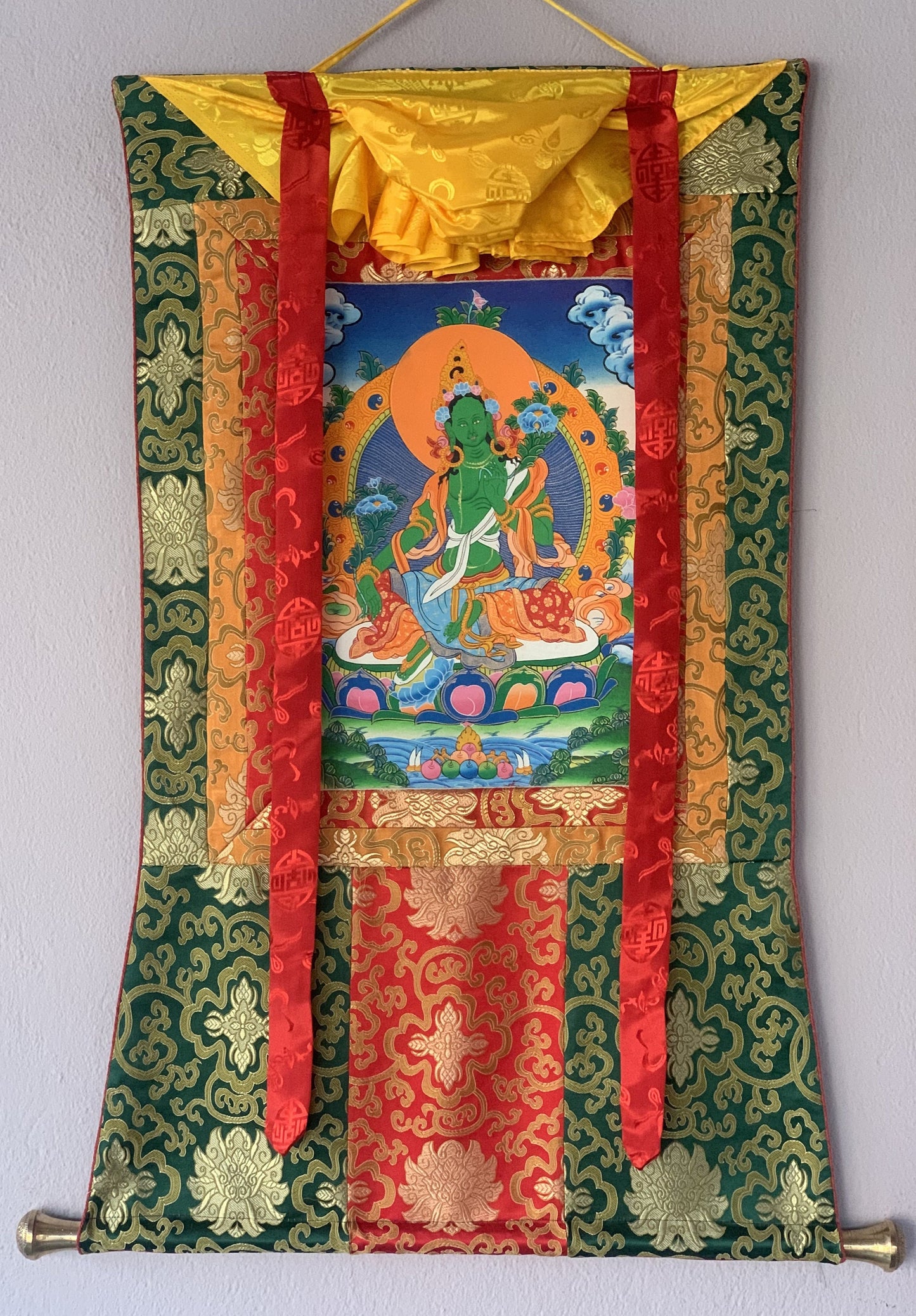 Green Tara/ Shyamatara Mother Goddess Tibetan Thangka Original Hand Painting with Silk Brocade