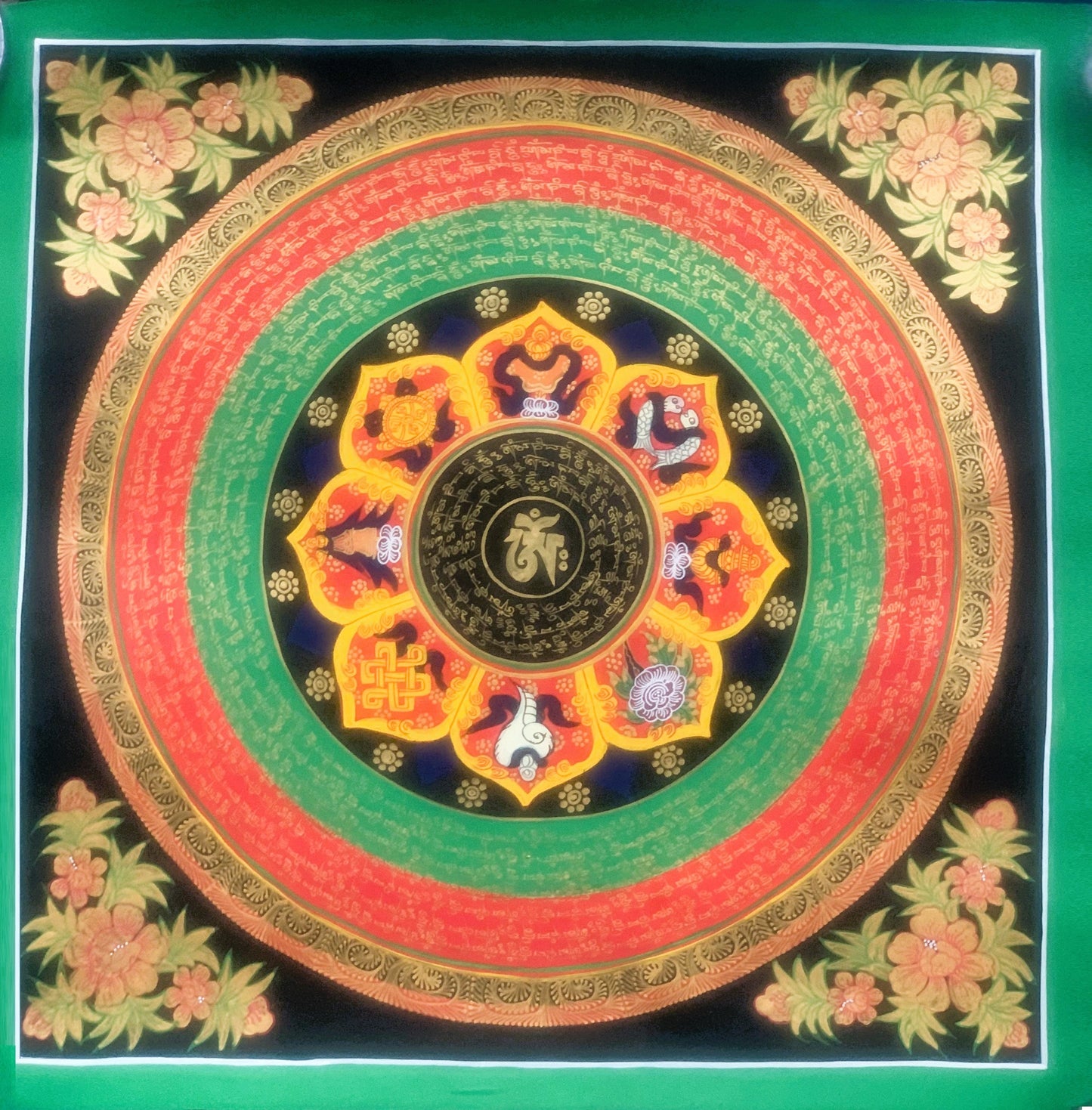 Hand Painted OM Lotus Mantra  Mandala, Wheel of Life Meditation  Thangka Painting Original Art Wall Hanging