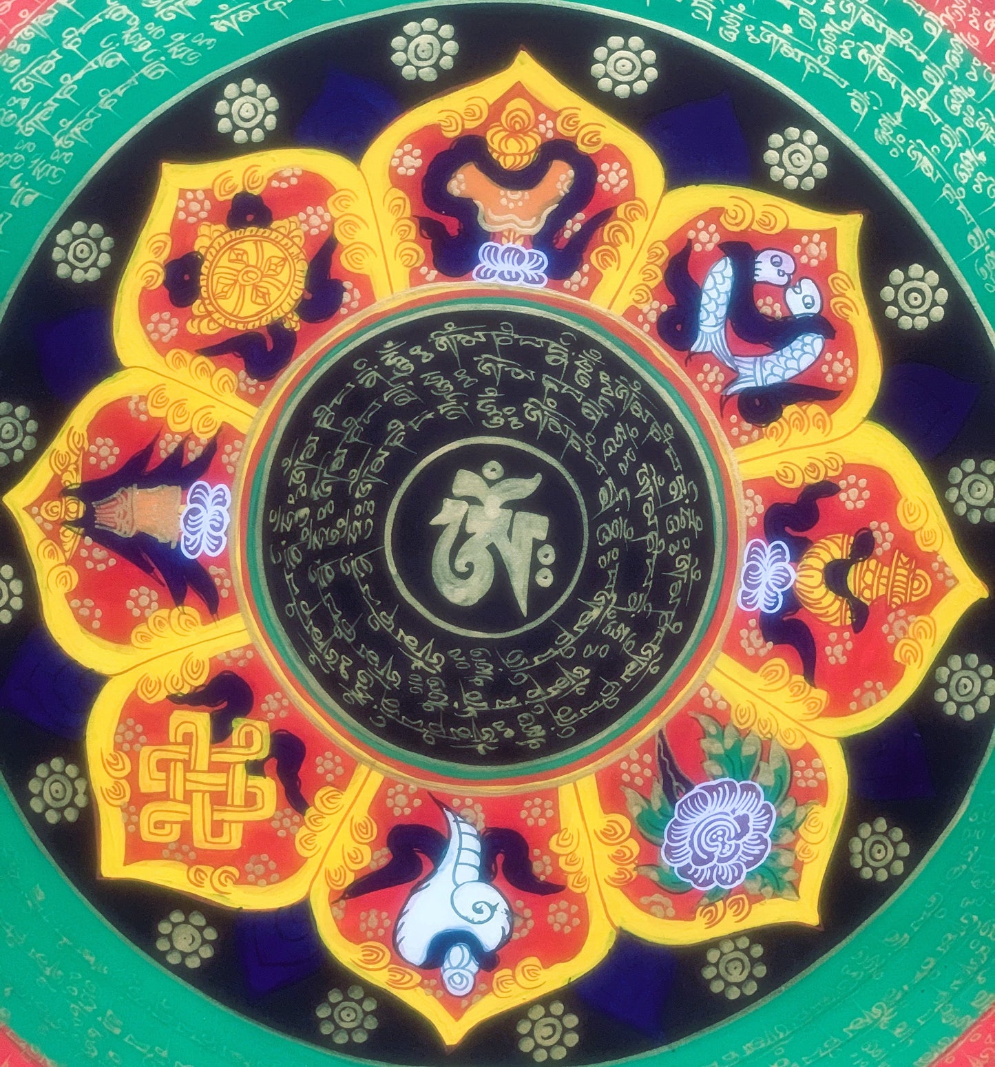 Hand Painted OM Lotus Mantra  Mandala, Wheel of Life Meditation  Thangka Painting Original Art Wall Hanging