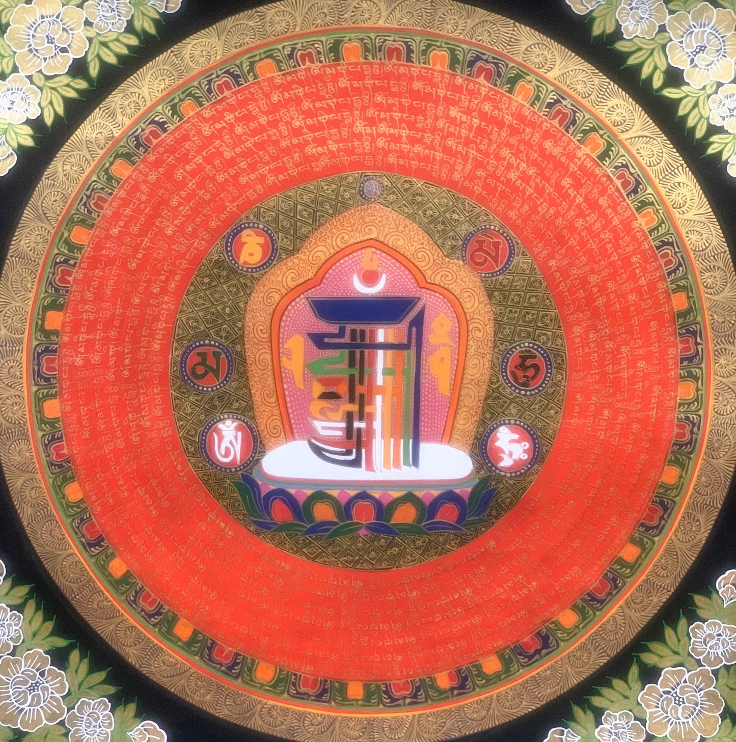 Hand Painted Sacred Symbol Kalachakra Wheel of Time  Mantra Mandala Meditation Thangka Painting, Wall Hanging,  Original Art