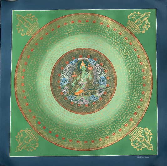 Original Hand Painted Green Tara Mantra Mandala Wheel of Life Tibetan Thangka Painting Compassion Meditation Art