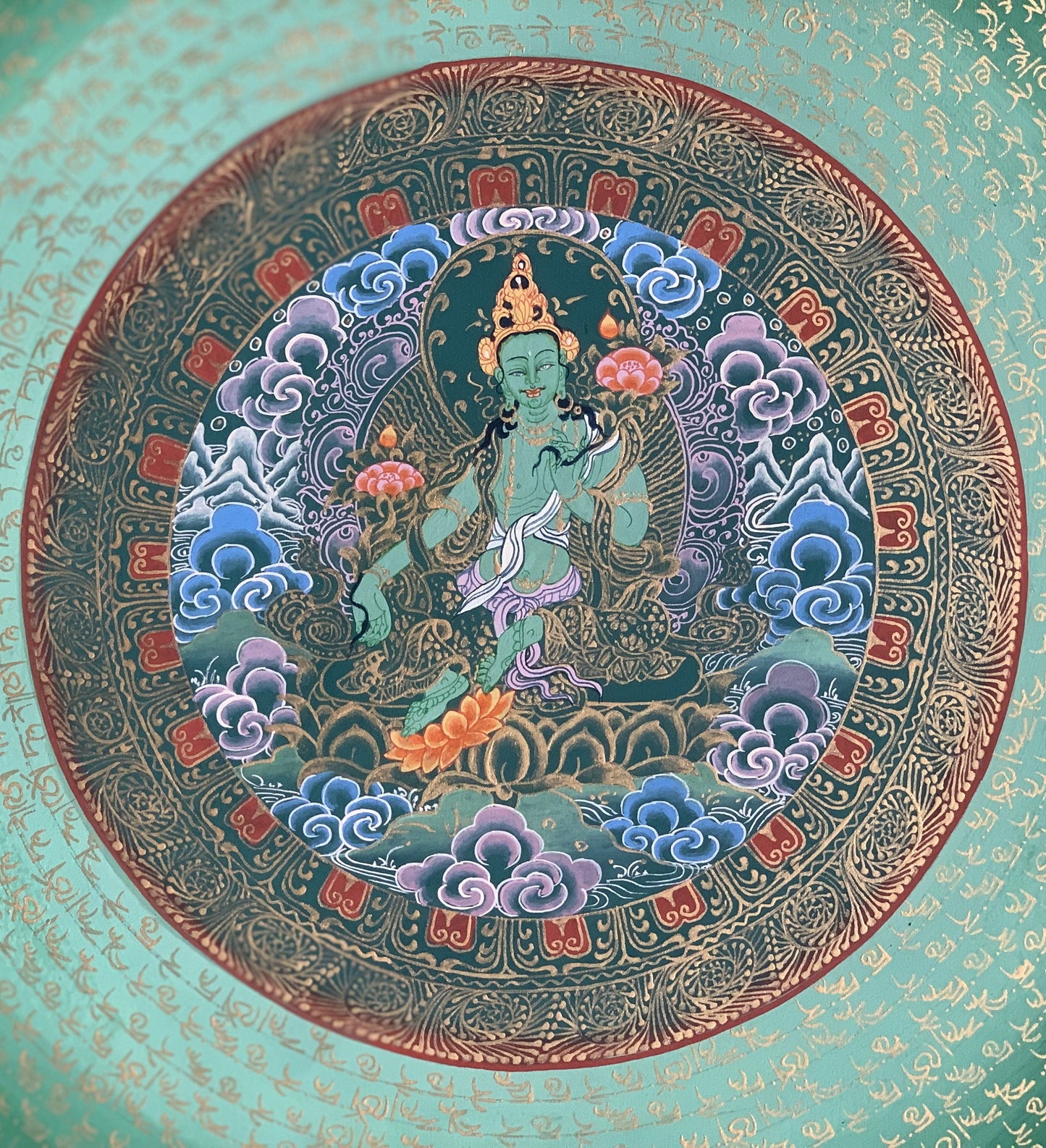 Original Hand Painted Green Tara Mantra Mandala Wheel of Life Tibetan Thangka Painting Compassion Meditation Art