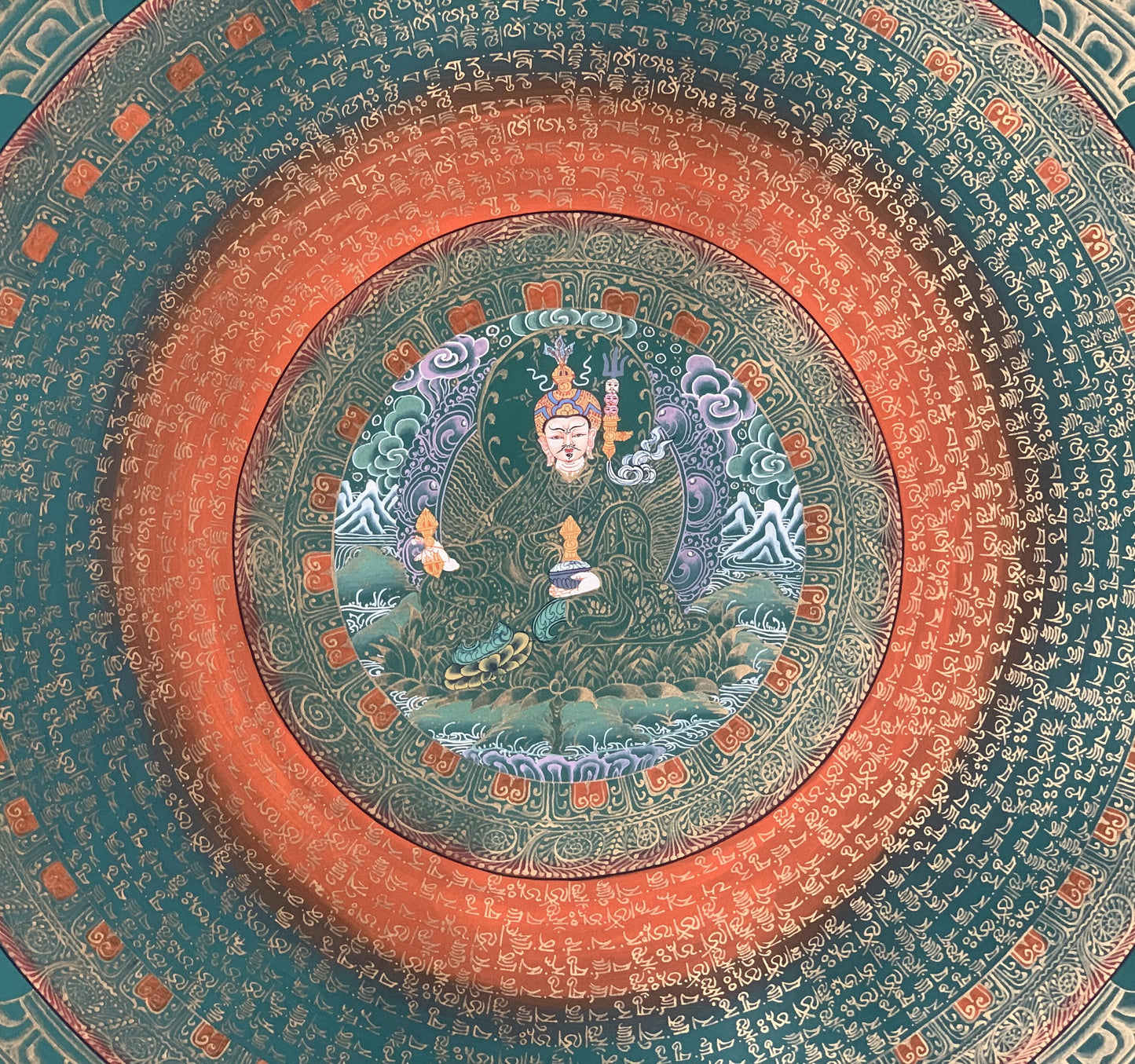 Guru Rinpoche Padmasambhava Mantra Mandala Tibetan Thangka Painting, Original Hand-Painted Art for Meditation, Healing, Home Décor