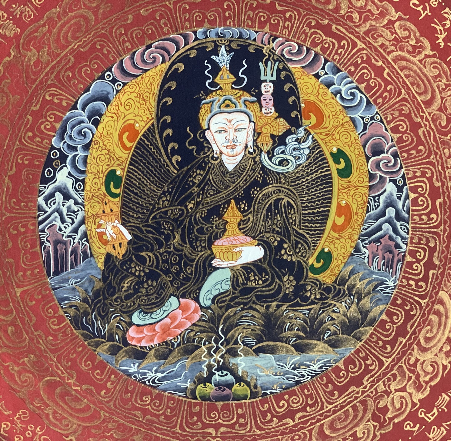 Guru Rimpoche Padmasambhava Mantra Mandala Tibetan Thangka Painting, Original Hand-Painted Art for Meditation, Healing, Home Décor