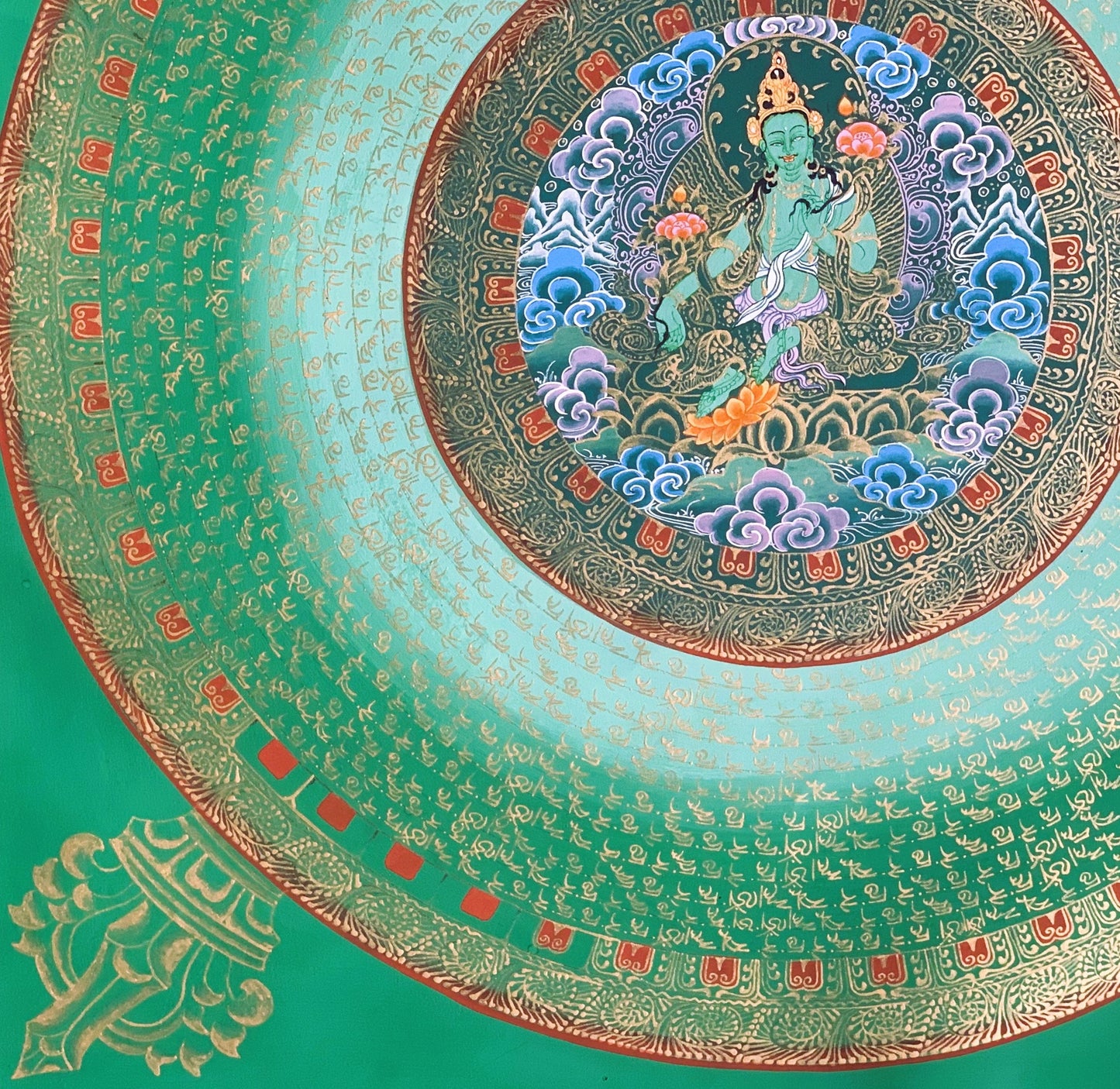 Original Hand Painted Green Tara Mantra Mandala Wheel of Life Tibetan Thangka Painting Compassion Meditation Art