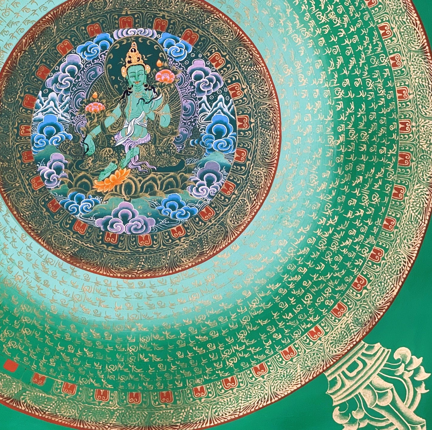 Original Hand Painted Green Tara Mantra Mandala Wheel of Life Tibetan Thangka Painting Compassion Meditation Art