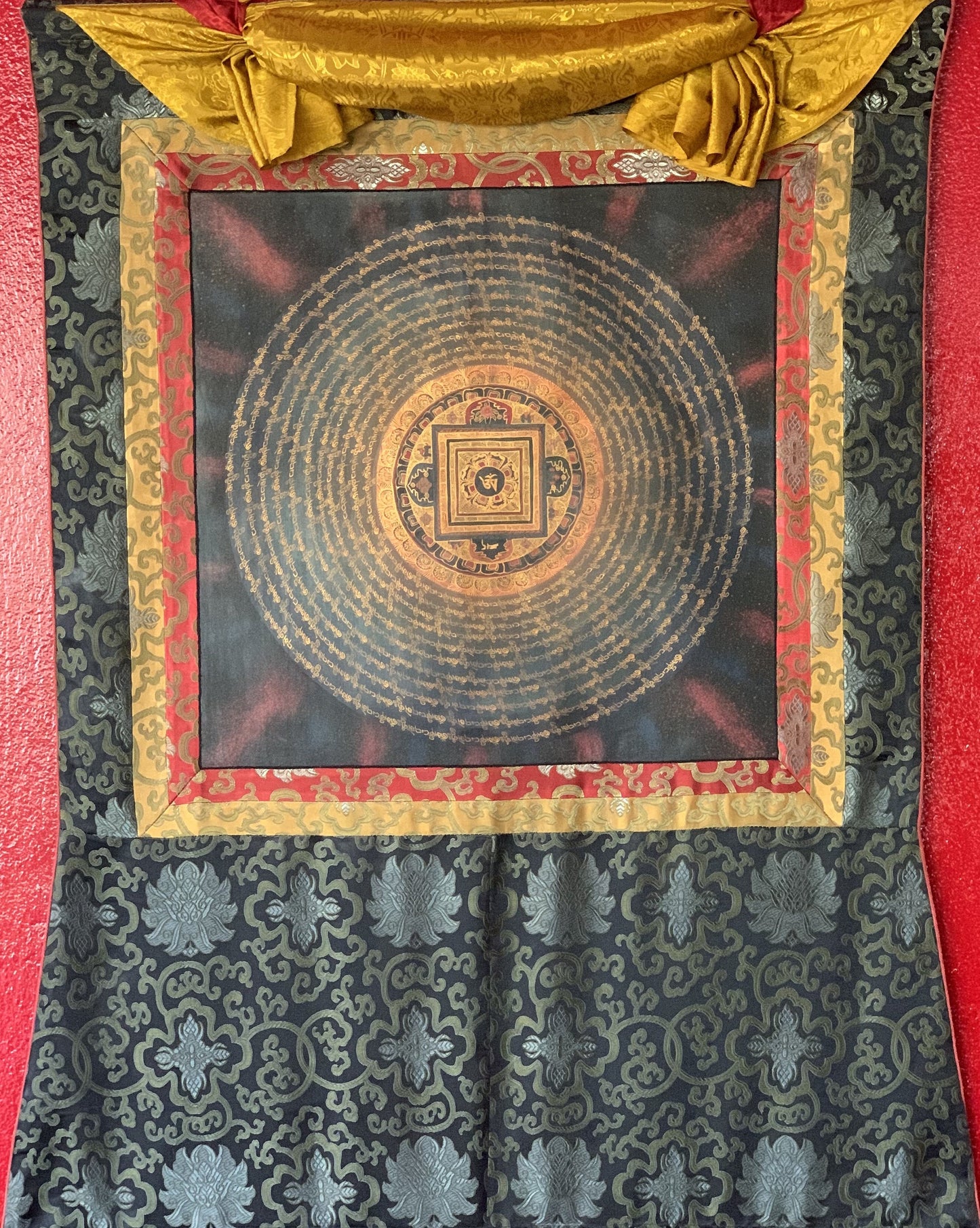 Om Mantra  Mandala, Wheel of Life, Tibetan Thangka Painting, Original Art/Wall Hanging with Silk Brocade