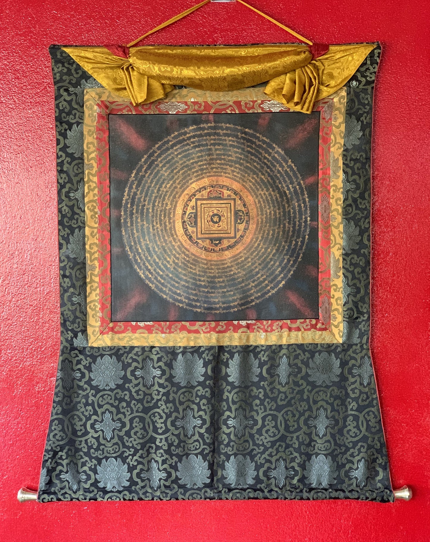 Om Mantra  Mandala, Wheel of Life, Tibetan Thangka Painting, Original Art/Wall Hanging with Silk Brocade