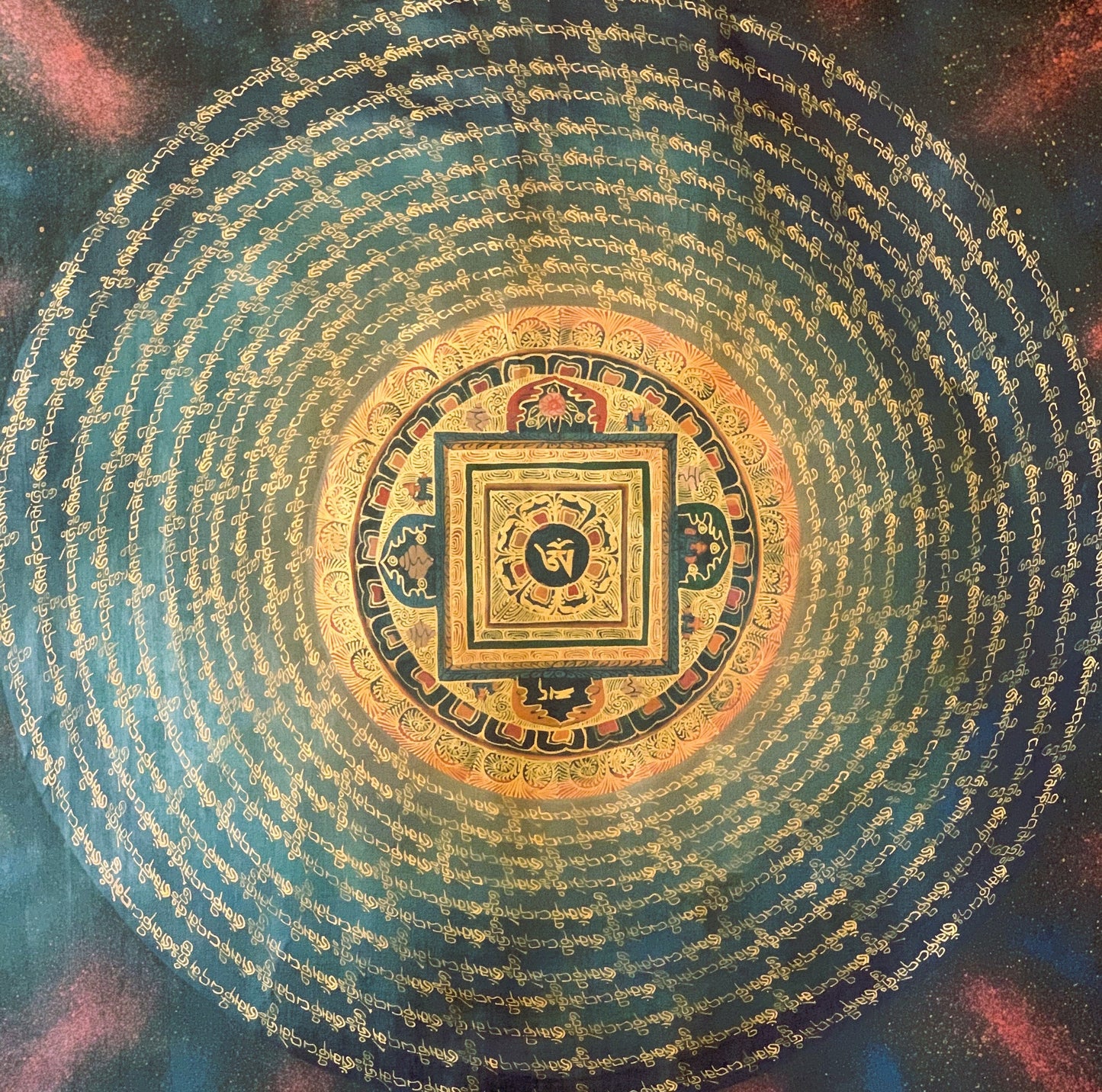 Om Mantra  Mandala, Wheel of Life, Tibetan Thangka Painting, Original Art/Wall Hanging with Silk Brocade