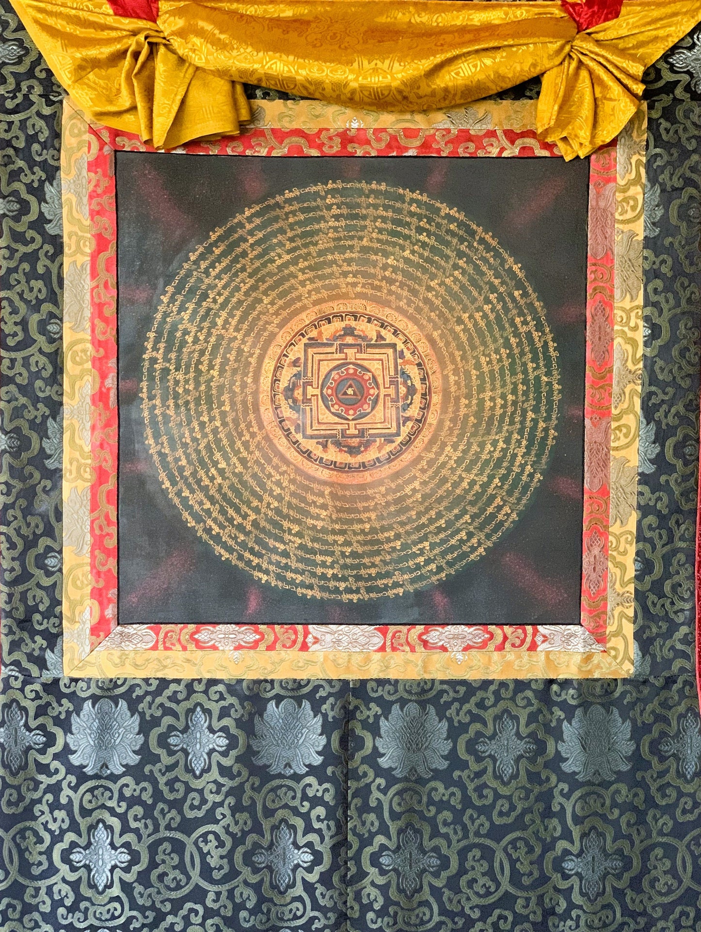 Hand Painted Om Mantra  Mandala, Wheel of Life, Tibetan Thangka Painting, Meditation  Art/Wall Hanging  with Silk Brocade