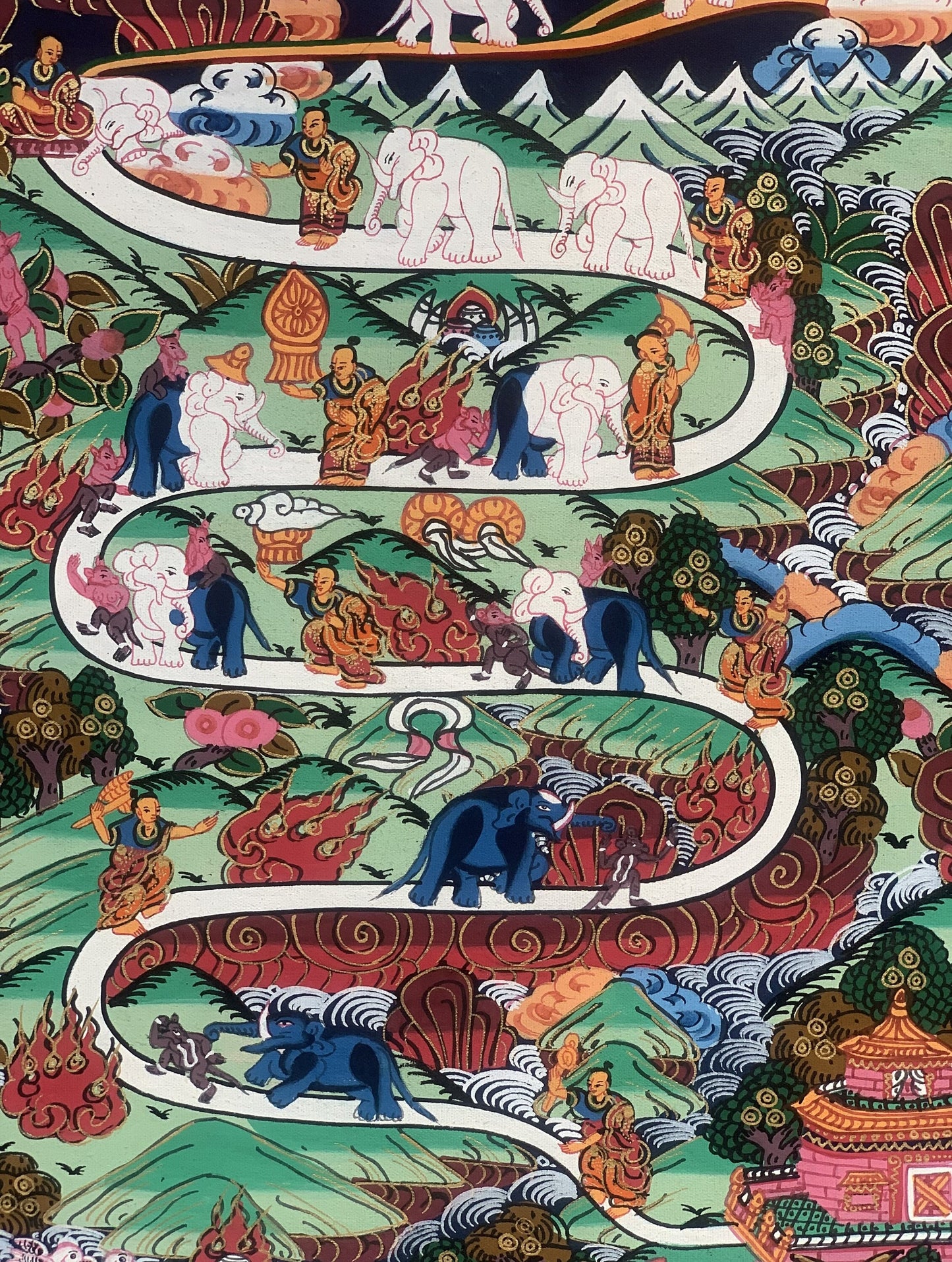 Hand Painted Elephant Path Samatha Meditation Way to Heaven Way to Nirvana Tibetan Thangka Painting Original Art