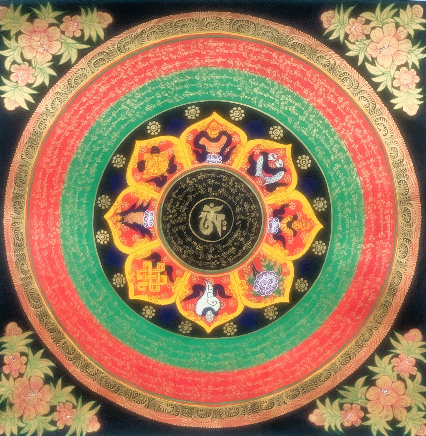 Hand Painted OM Lotus Mantra  Mandala, Wheel of Life Meditation  Thangka Painting Original Art Wall Hanging