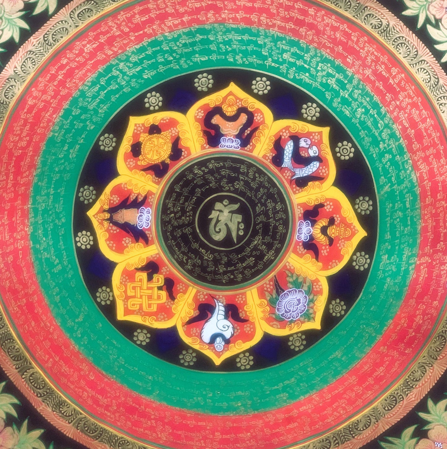 Hand Painted OM Lotus Mantra  Mandala, Wheel of Life Meditation  Thangka Painting Original Art Wall Hanging