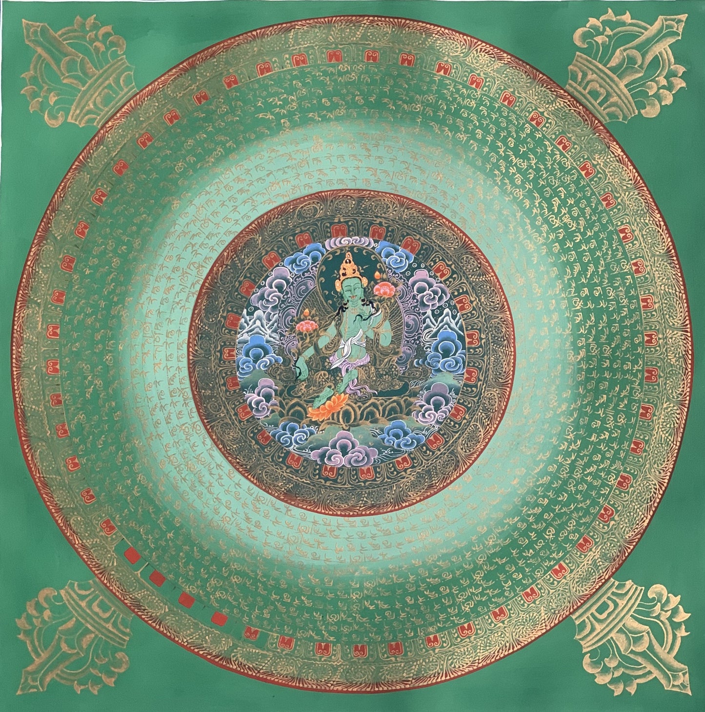 Original Hand Painted Green Tara Mantra Mandala Wheel of Life Tibetan Thangka Painting Compassion Meditation Art