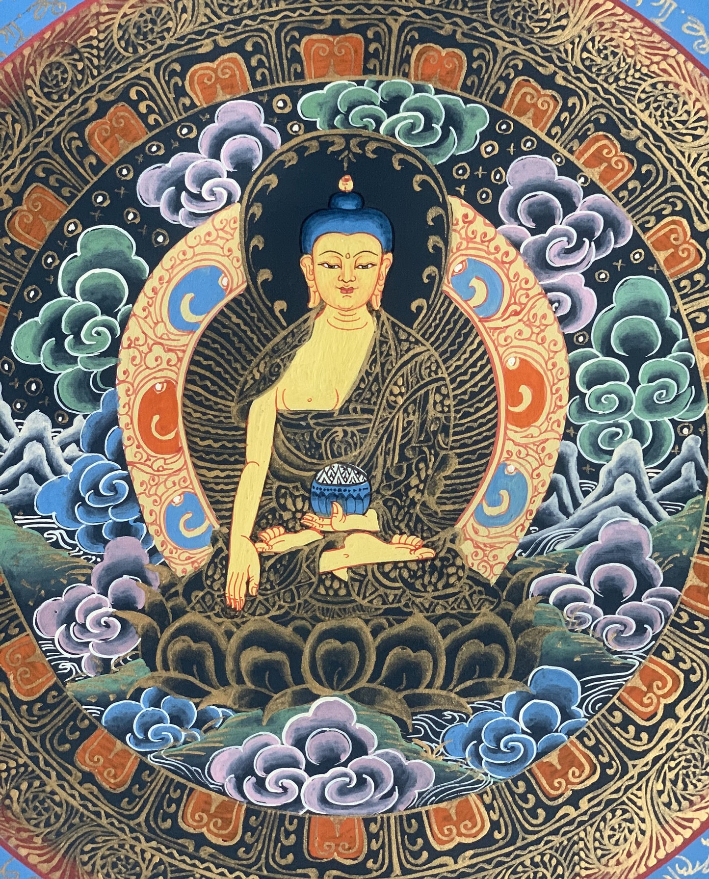 Shakyamuni Buddha Mantra Mandala Tibetan Thangka Painting, Original Hand-Painted Art for Meditation, Healing, Home Décor