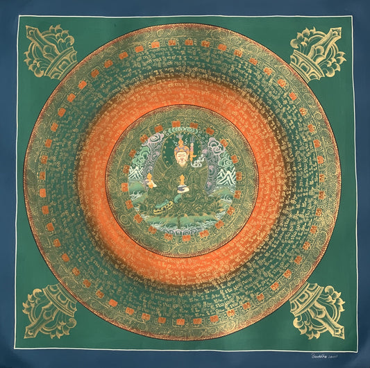 Guru Rinpoche Padmasambhava Mantra Mandala Tibetan Thangka Painting, Original Hand-Painted Art for Meditation, Healing, Home Décor