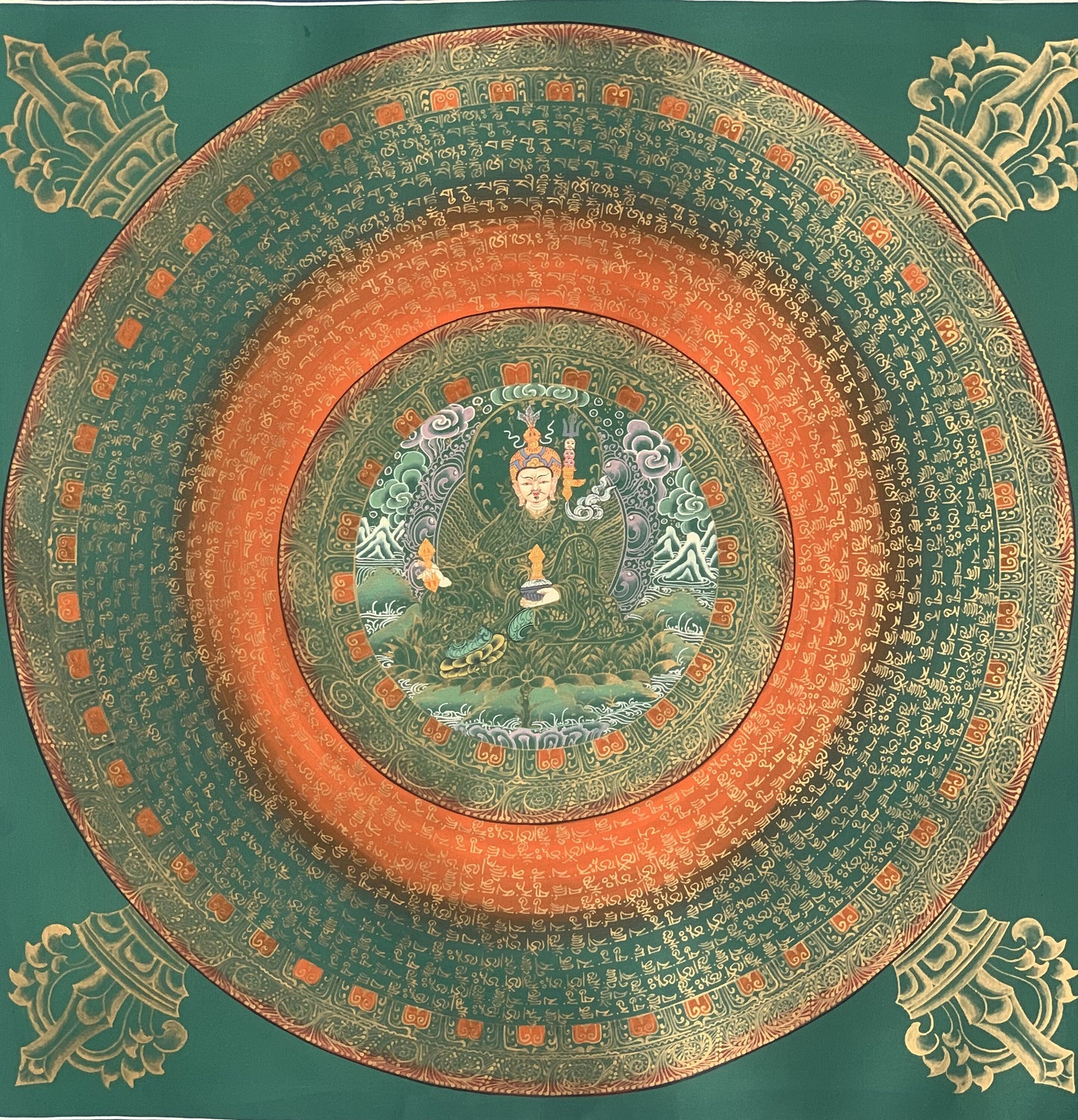 Guru Rinpoche Padmasambhava Mantra Mandala Tibetan Thangka Painting, Original Hand-Painted Art for Meditation, Healing, Home Décor