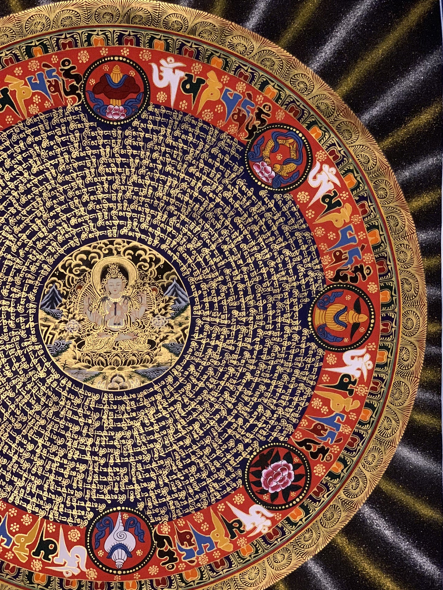 Large Chenrezig Mantra Mandala Tibetan Thangka Painting, Original Hand-Painted Art for Meditation, Healing, Home Décor