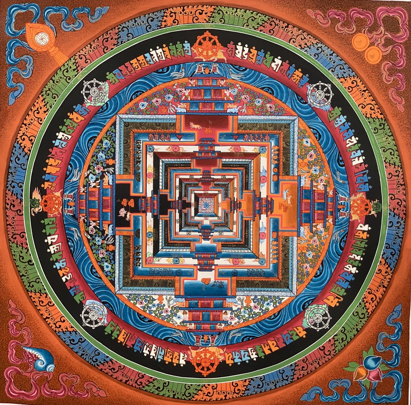 Hand Painted Wheel of Life, Wheel of Time Kalachakra Mandala Master Quality 24 K Gold Tibetan Thangka Painting Original Art