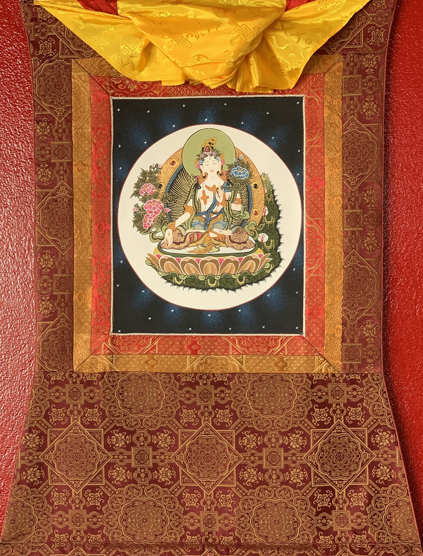 Hand painted White Tara, Sitatara, Mother Goddess, Thangka Painting, Original Art  with Premium Silk Brocade