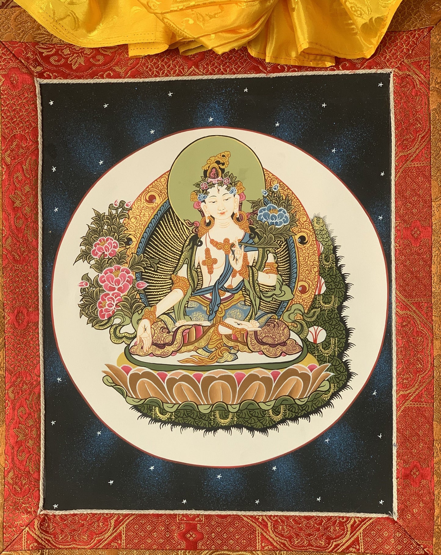 Hand painted White Tara, Sitatara, Mother Goddess, Thangka Painting, Original Art  with Premium Silk Brocade