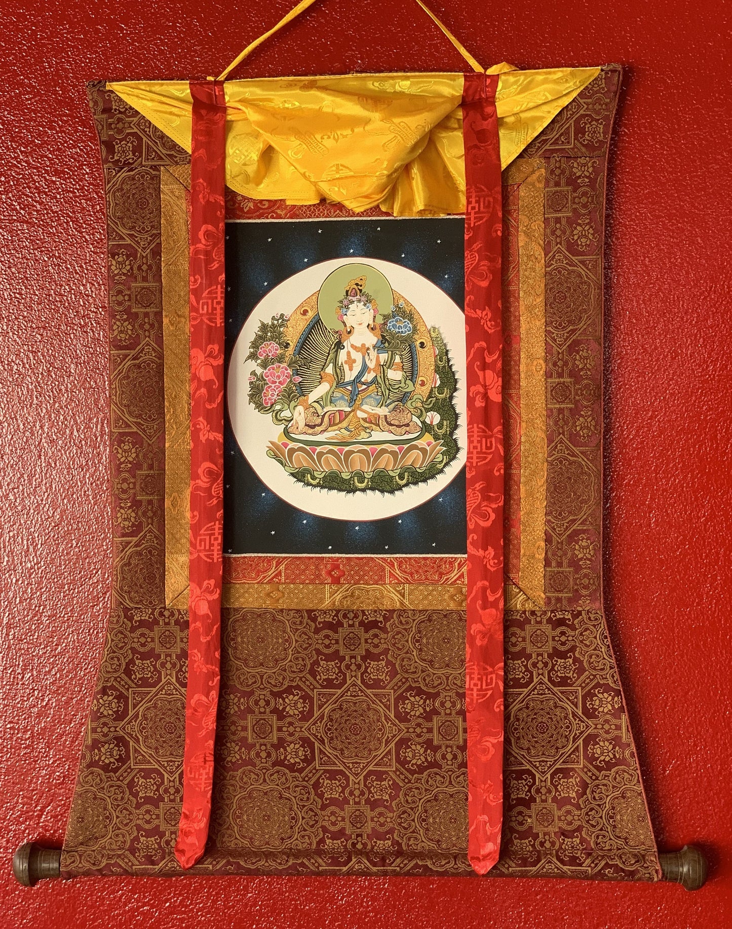 Hand painted White Tara, Sitatara, Mother Goddess, Thangka Painting, Original Art  with Premium Silk Brocade