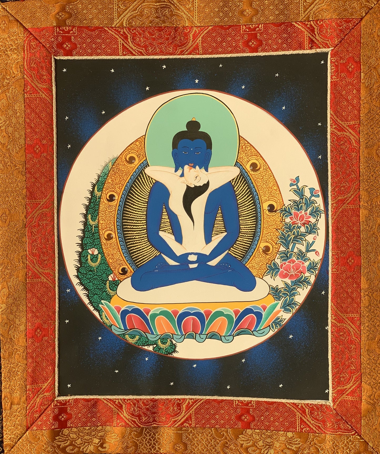 Hand Painted Buddha Shakti Samantabhadra Tibetan Thangka Painting Original Art with Premium Khadi Silk Brocade