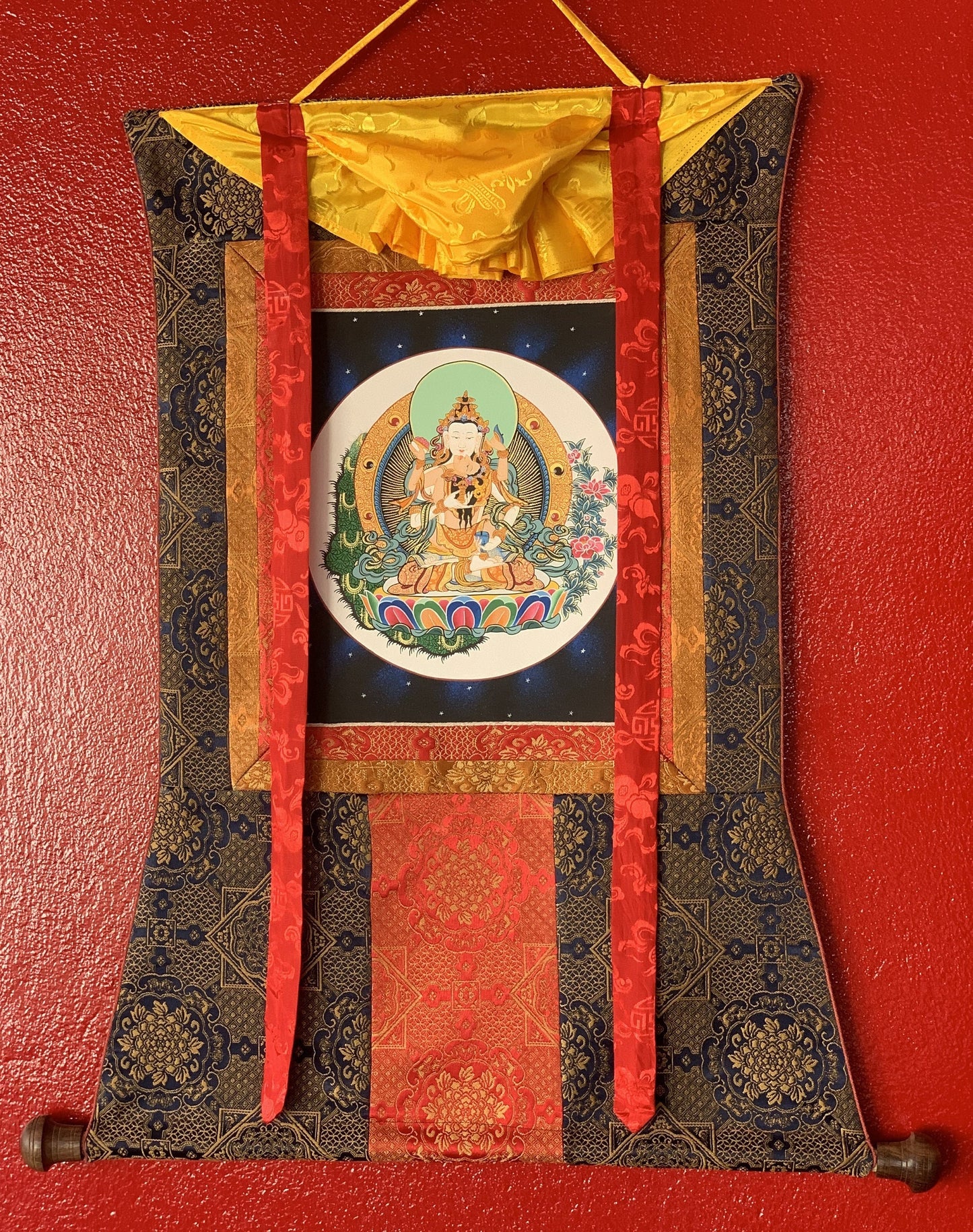 Vajrasattva with Shakti Yab-Yum Original Tibetan Thangka Painting with Premium Silk Brocade