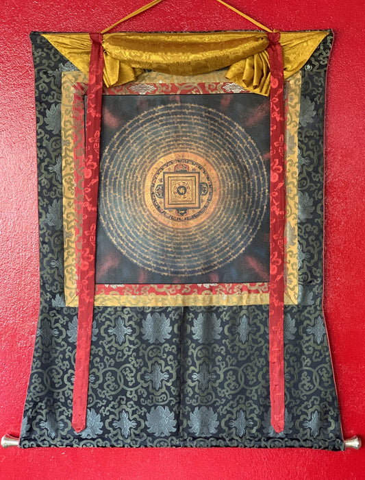 Om Mantra  Mandala, Wheel of Life, Tibetan Thangka Painting, Original Art/Wall Hanging with Silk Brocade