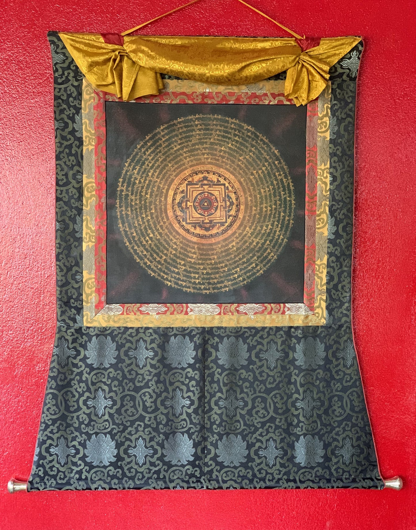 Hand Painted Om Mantra  Mandala, Wheel of Life, Tibetan Thangka Painting, Meditation  Art/Wall Hanging  with Silk Brocade