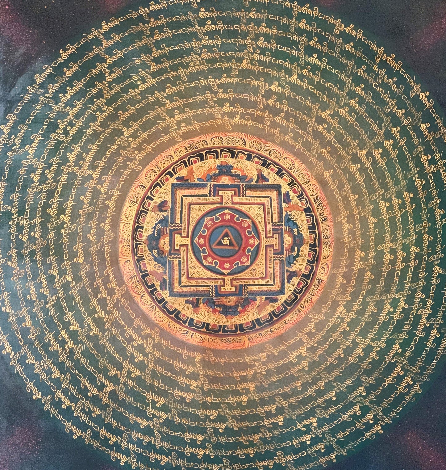 Hand Painted Om Mantra  Mandala, Wheel of Life, Tibetan Thangka Painting, Meditation  Art/Wall Hanging  with Silk Brocade