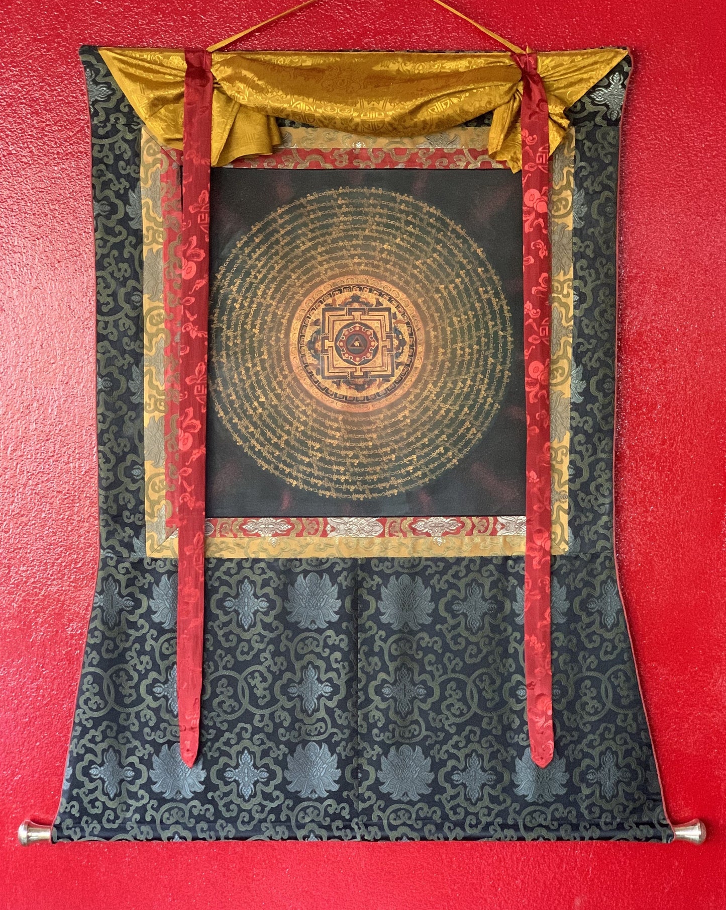 Hand Painted Om Mantra  Mandala, Wheel of Life, Tibetan Thangka Painting, Meditation  Art/Wall Hanging  with Silk Brocade