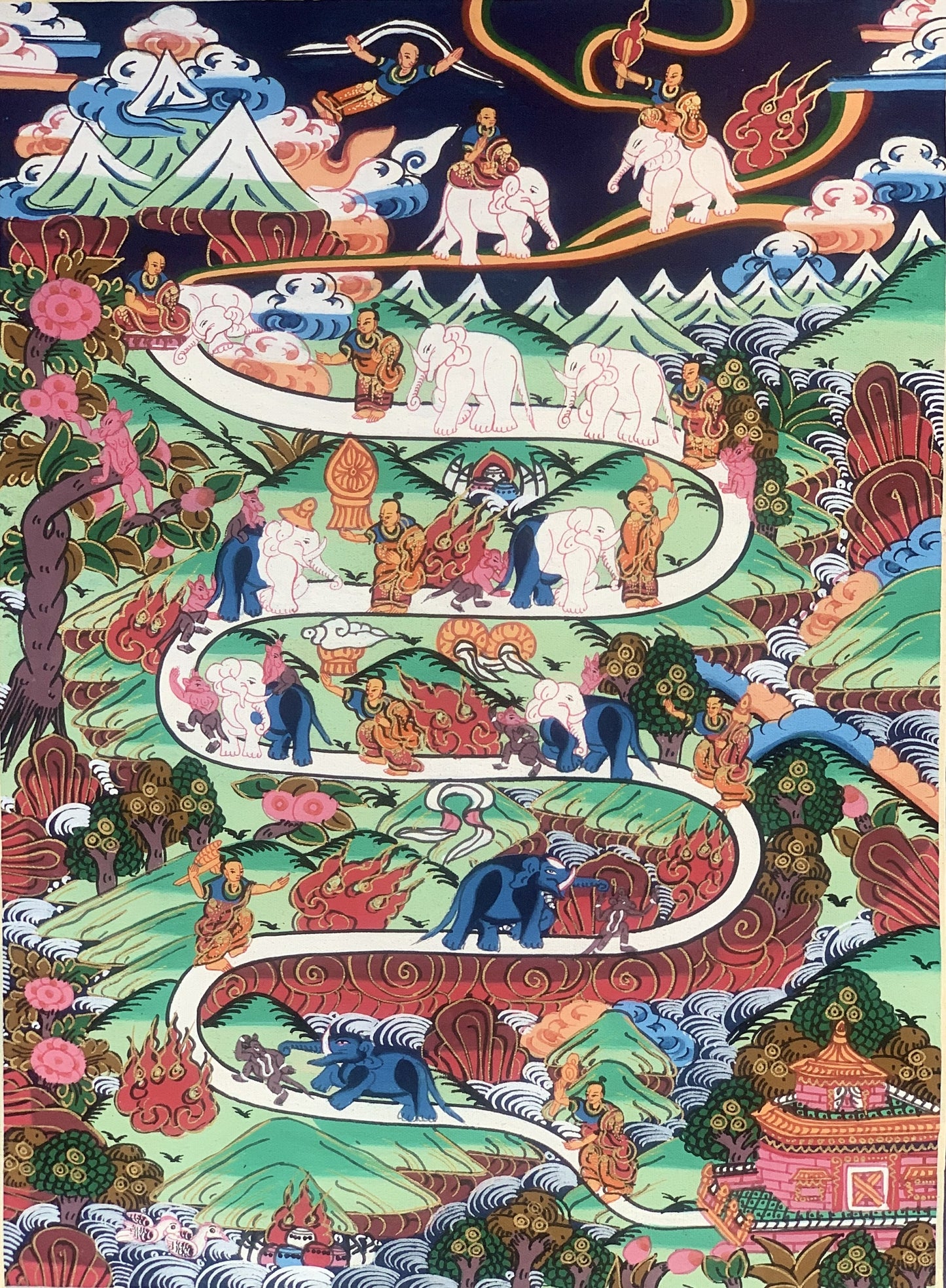 Hand Painted Elephant Path Samatha Meditation Way to Heaven Way to Nirvana Tibetan Thangka Painting Original Art