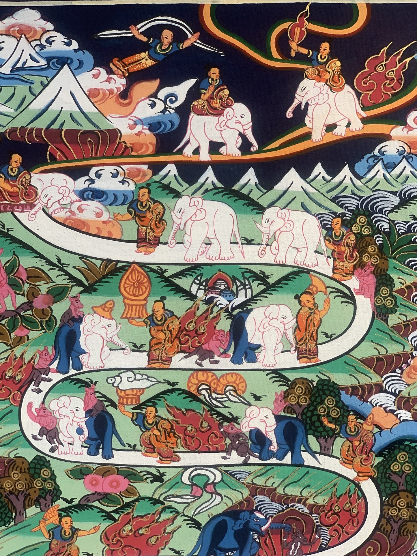 Hand Painted Elephant Path Samatha Meditation Way to Heaven Way to Nirvana Tibetan Thangka Painting Original Art