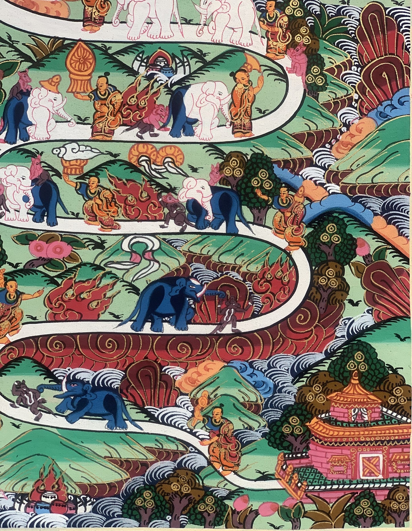 Hand Painted Elephant Path Samatha Meditation Way to Heaven Way to Nirvana Tibetan Thangka Painting Original Art